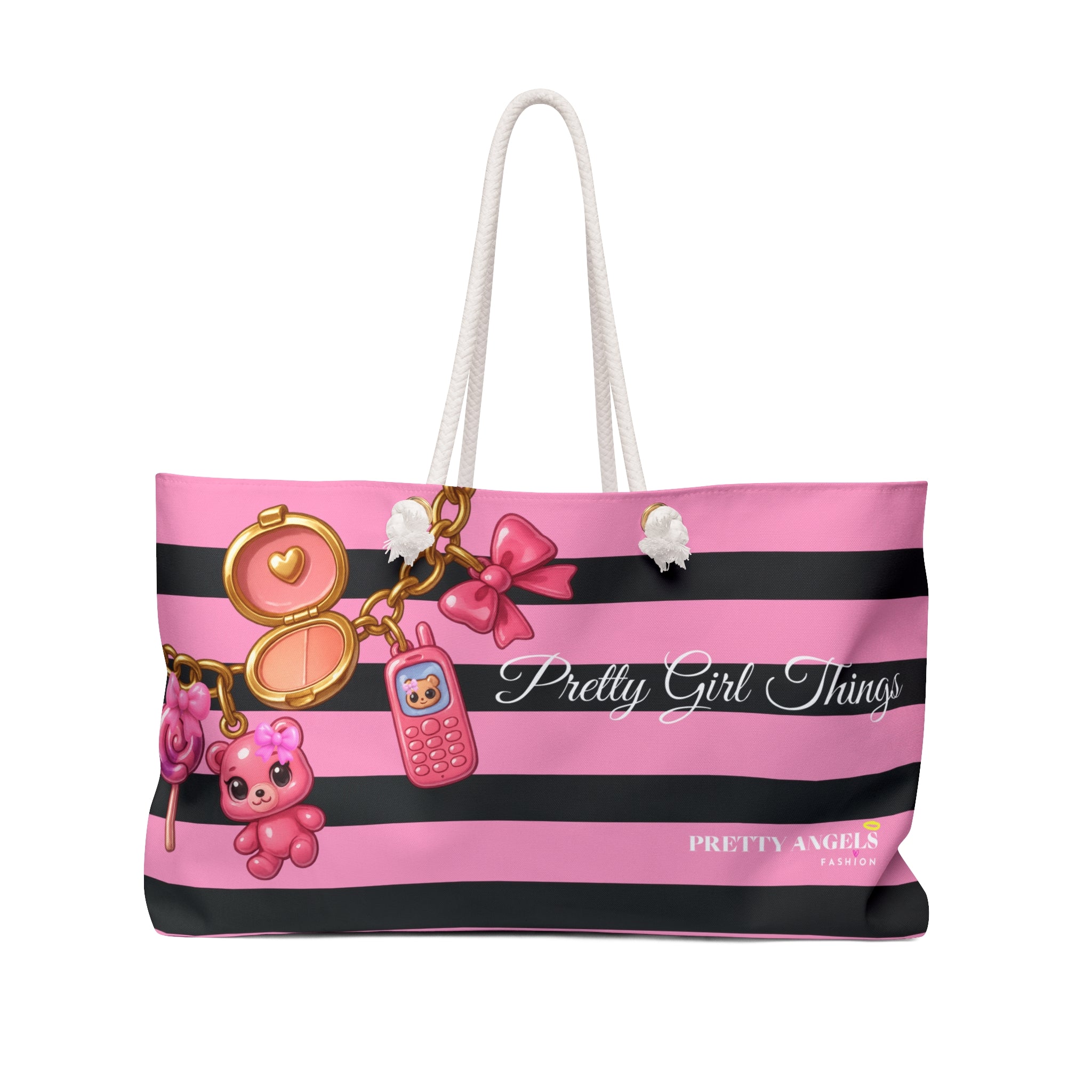 Pretty Girl Things Charm Tote - Light Pink & Black Striped Weekender Bag with Cute Baddie Charm Bracelet