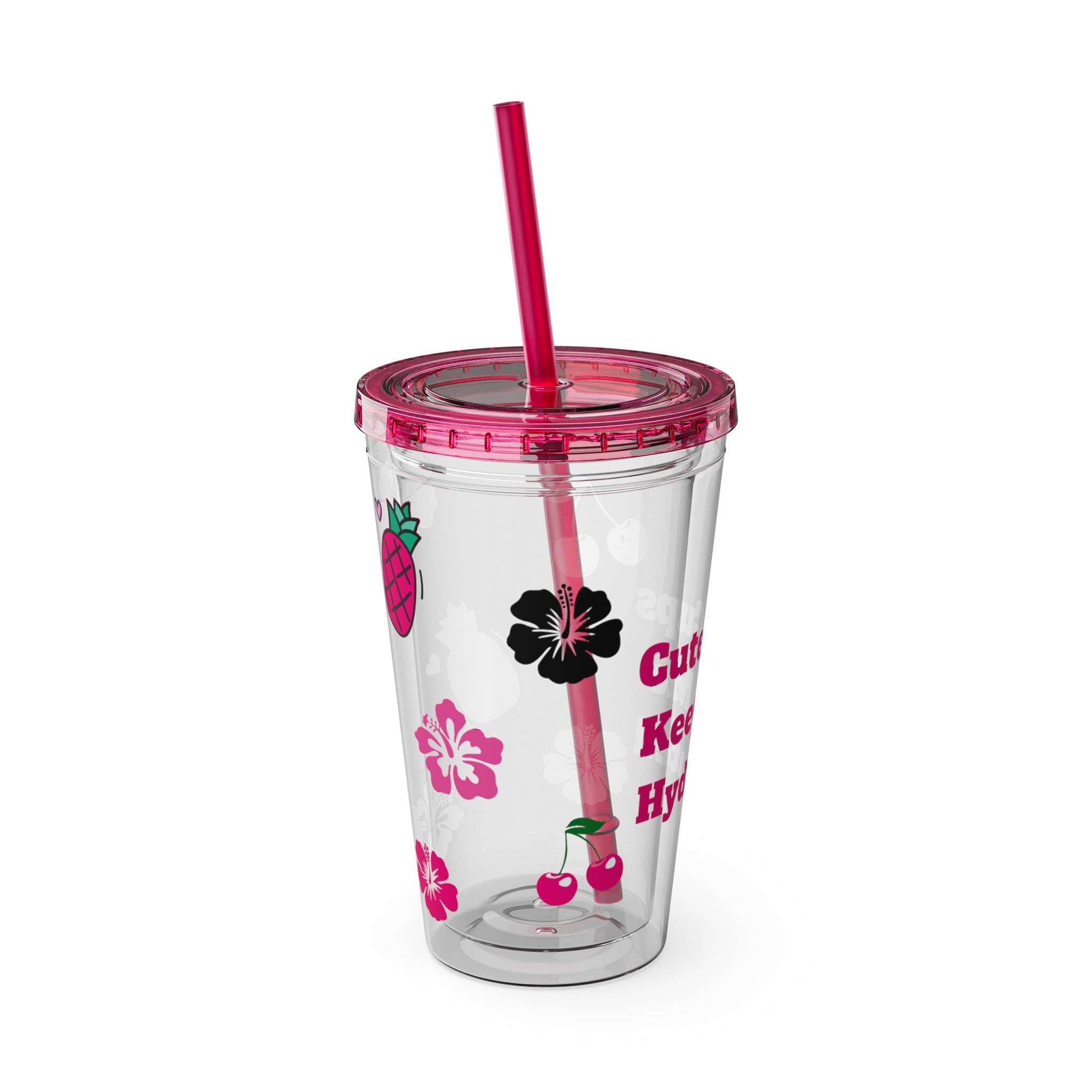 Clear Barbie Baddie Tumbler - 16oz Acrylic Cup with Lid & Flexible Straw | “Cute Cups Keep Me Hydrated” with Hot Pink Cherries, Hibiscus & Pineapples