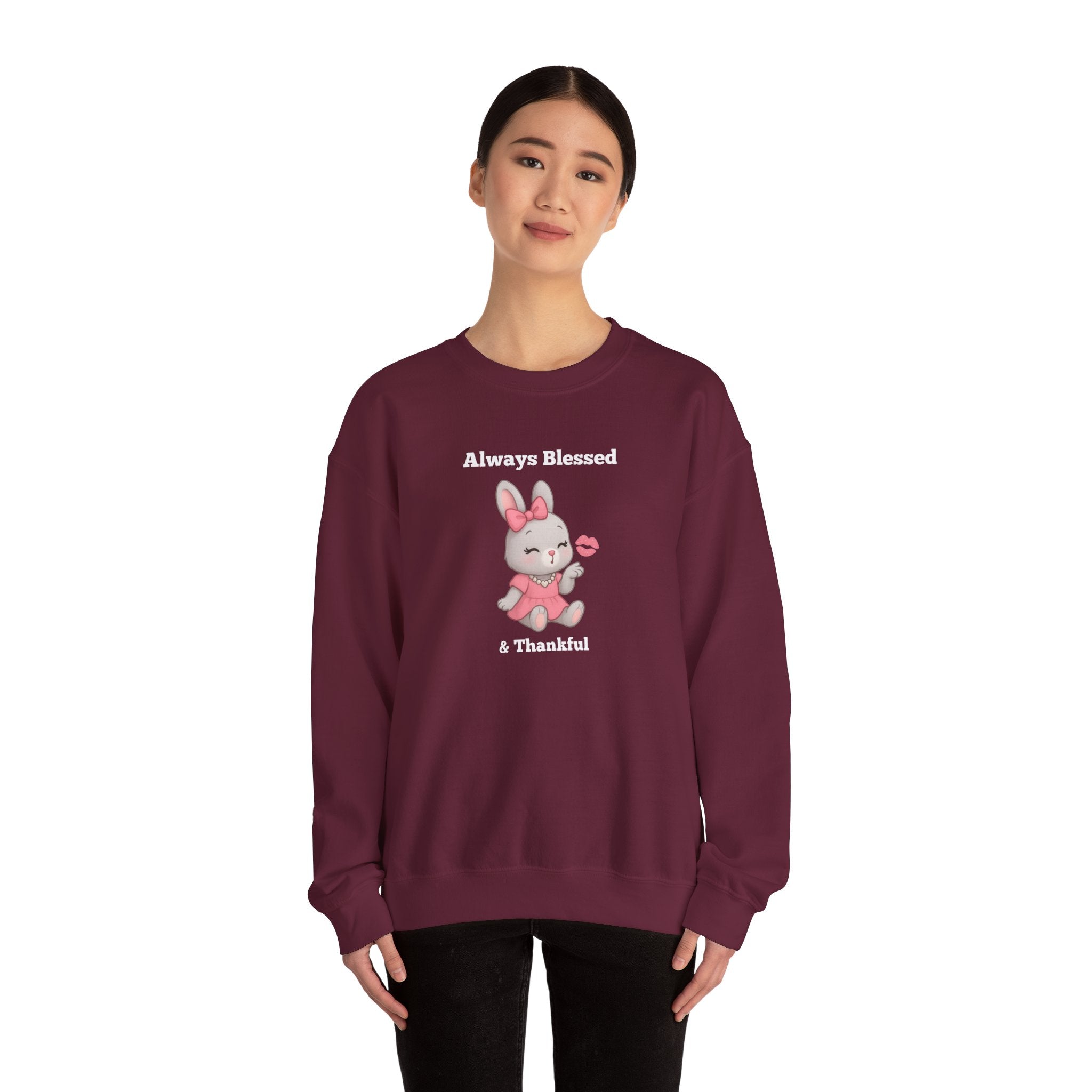 Always Blessed & Thankful™ Bunny Kiss Sweatshirt – Luxe Unisex Cozy Graphic Sweater for Pretty Girls (Black, Maroon, Light Blue, Heliconia, Red)