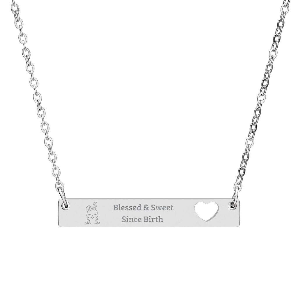 Blessed & Sweet Since Birth™ Engraved Bar Necklace – Baby Bunny Hugging Heart Pendant, Minimalist Cutout Heart Collarbone Necklace (316L Stainless Steel)