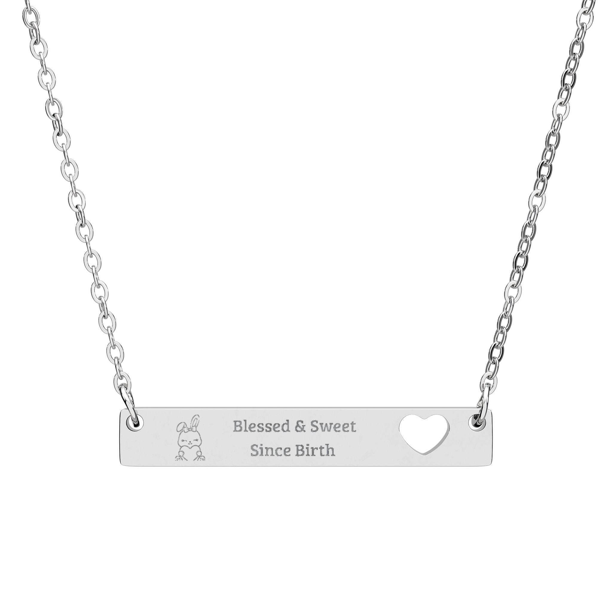 Blessed & Sweet Since Birth™ Engraved Bar Necklace – Baby Bunny Hugging Heart Pendant, Minimalist Cutout Heart Collarbone Necklace (316L Stainless Steel)