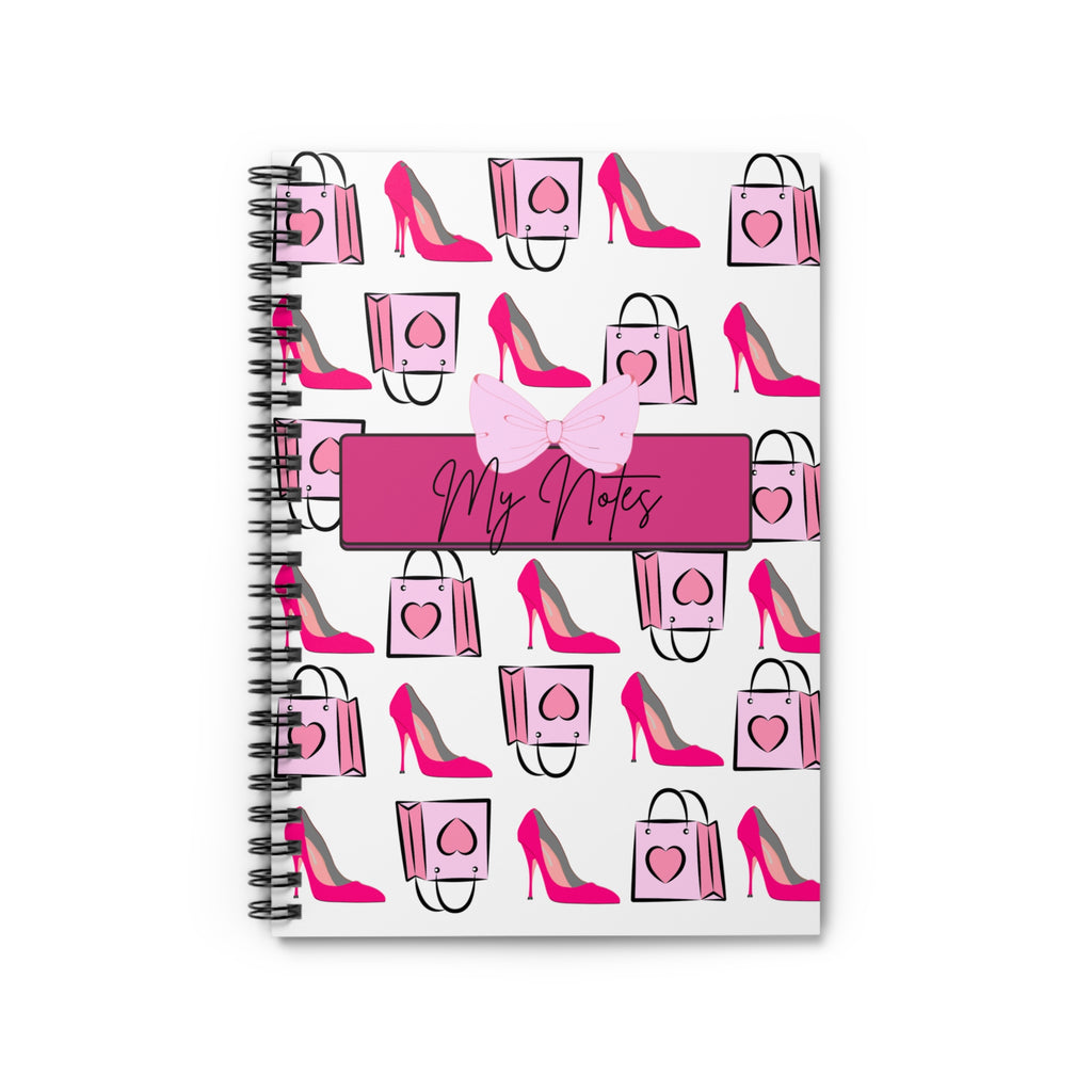 “Barbie Girl Spiral Notebook – Pink Heels & Shopping Bag Pattern with Bow | Luxury Spoiled Rich Girl Stationery”