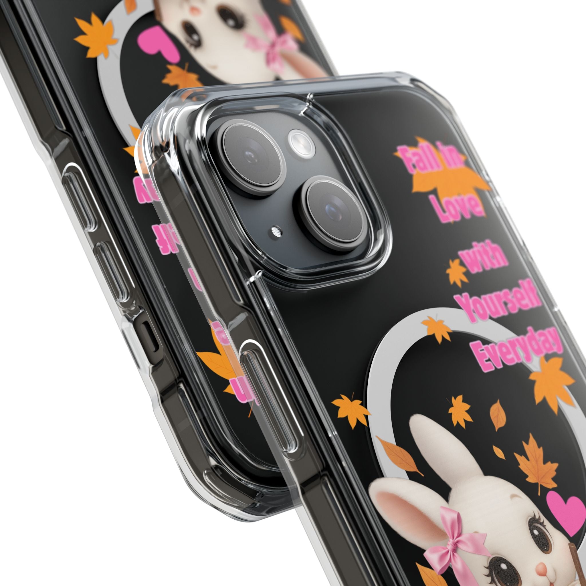 Fall in Love with Yourself Everyday – Cute White Bunny MagSafe iPhone Case with Hearts & Autumn Leaves, Luxury Aesthetic Clear Phone Cover
