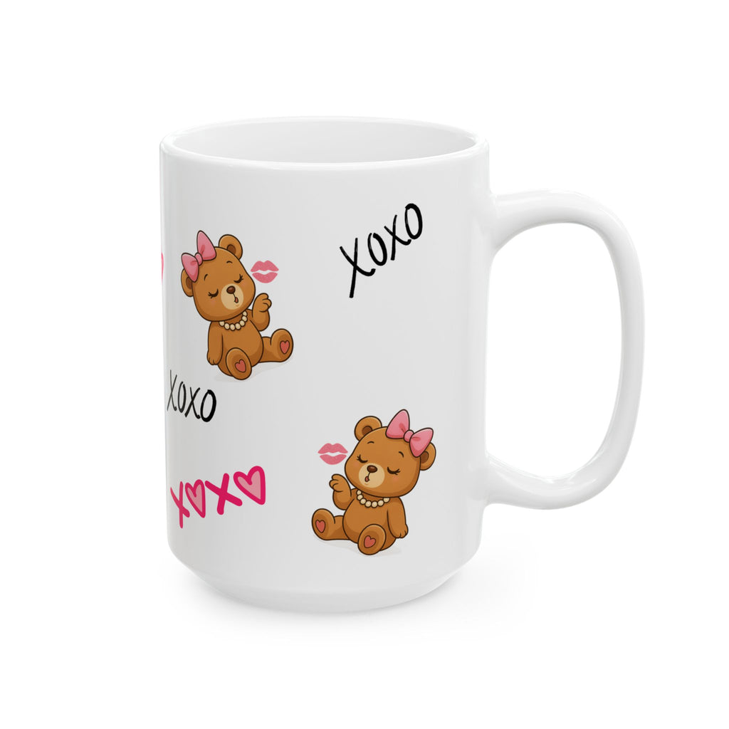 XOXO Teddy Kiss™ Pink Aesthetic Mug – Cute Brown Teddy Bear with Bow & Pearls | Girly Luxury Coffee Mug (11oz & 15oz)