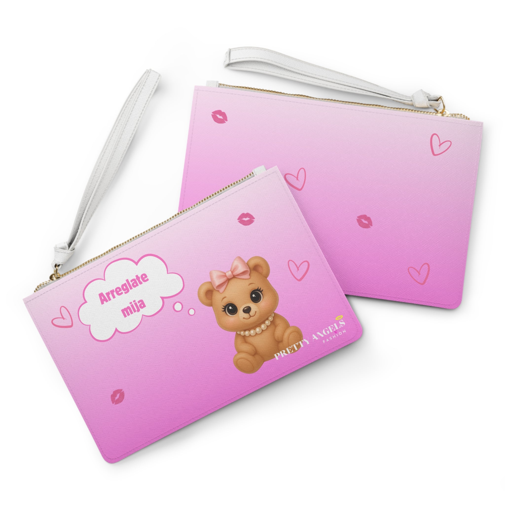 Light Pink Ombré Makeup Bag – Teddy Bear with Pearl Necklace & “Arréglate Mija” Cloud, Cute Latina Luxury Cosmetic Clutch (9.5” x 6.6”)