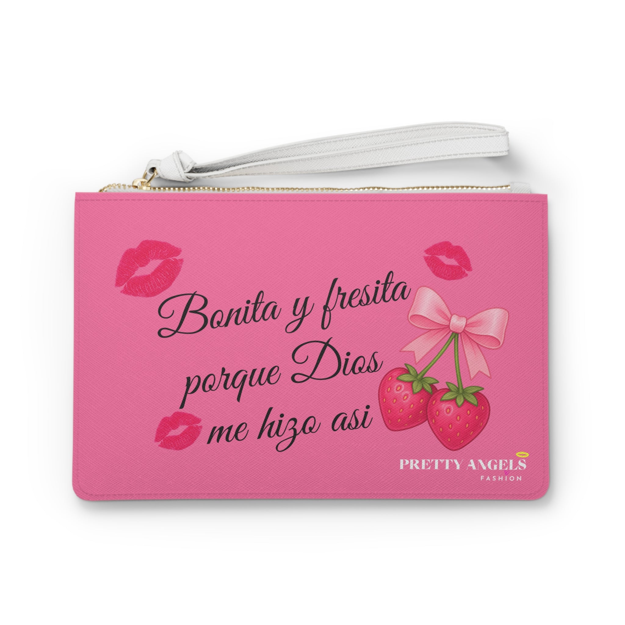 Luxury Pink Polyurethane Leather Clutch Purse with Wrist Strap – “Bonita y Fresita” Makeup Bag with Gold Zipper, Strawberries & Kisses (9.5” x 6.6”)