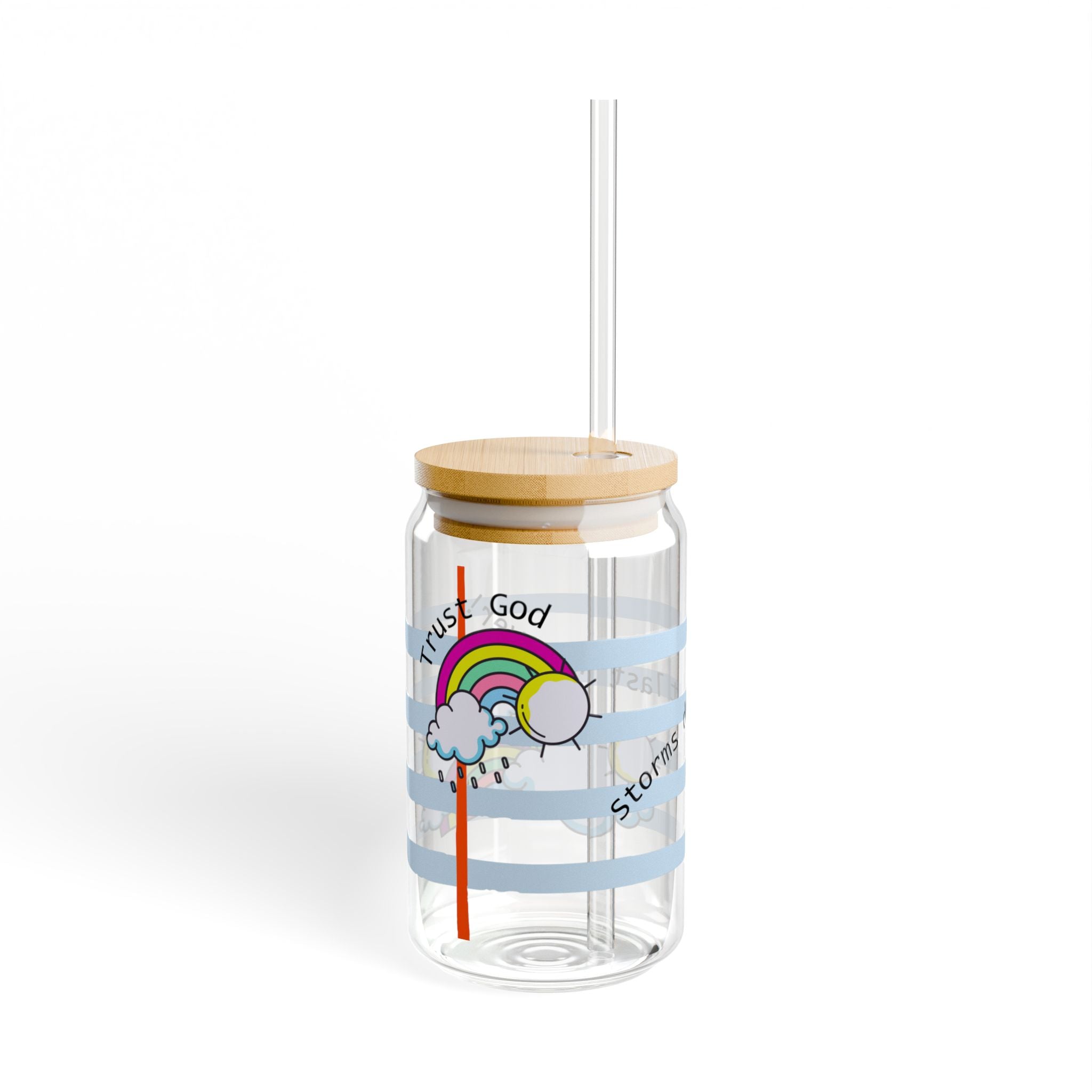 “Trust God, Storms don’t last forever!“ 16oz Clear Sipper Glass with Bamboo Lid & Tritan Straw – Cute Notebook Paper Design with Clouds & Rainbow | Faith-Based Girly Cup