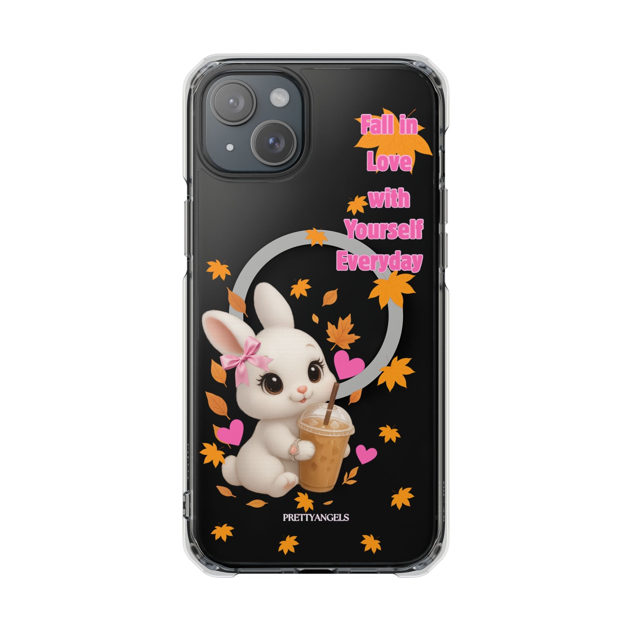 Fall in Love with Yourself Everyday – Cute White Bunny MagSafe iPhone Case with Hearts & Autumn Leaves, Luxury Aesthetic Clear Phone Cover