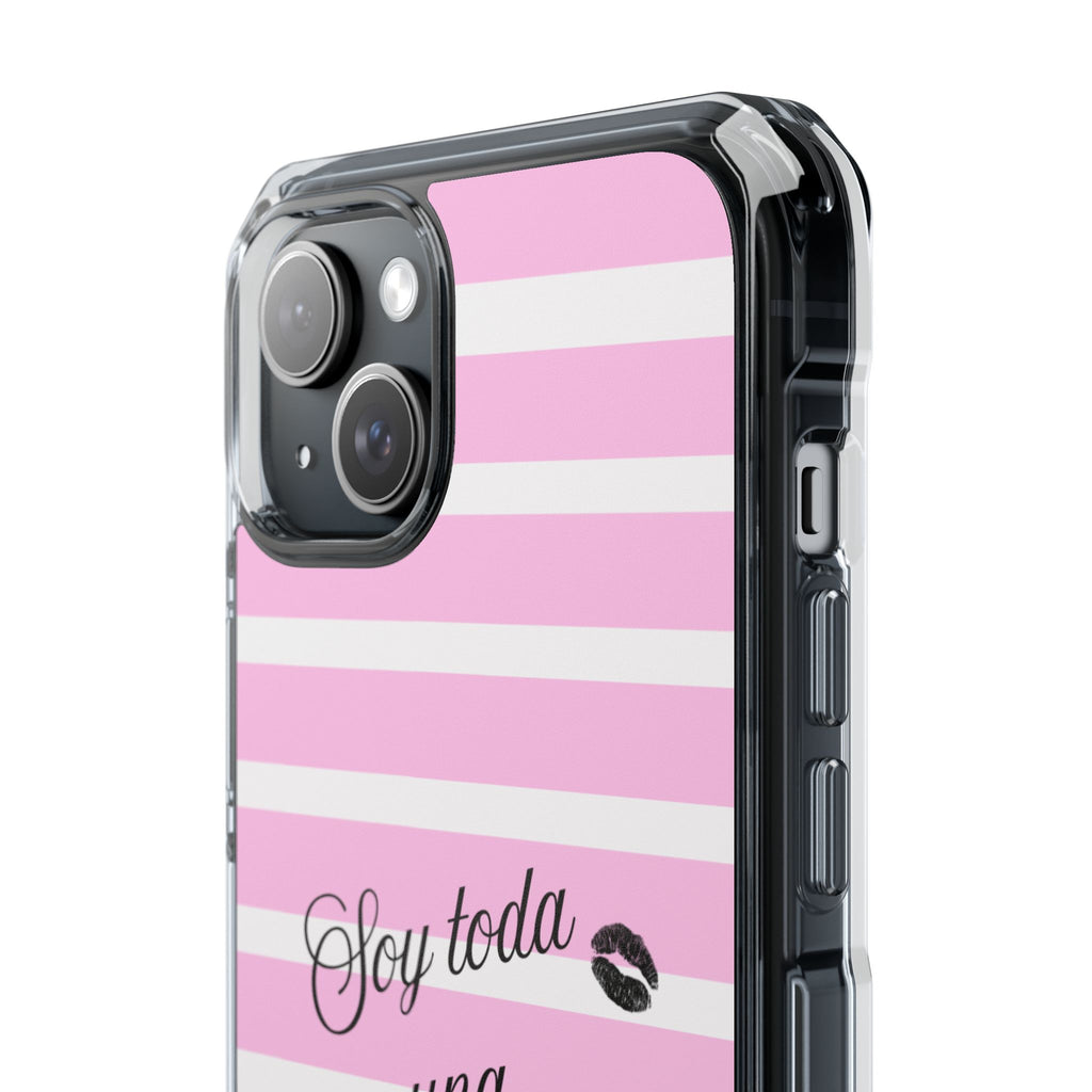 “Soy Toda Una Mamacita” MagSafe Clear Phone Case - Pink & White Striped | Latina Baddie Magnetic Impact Cover