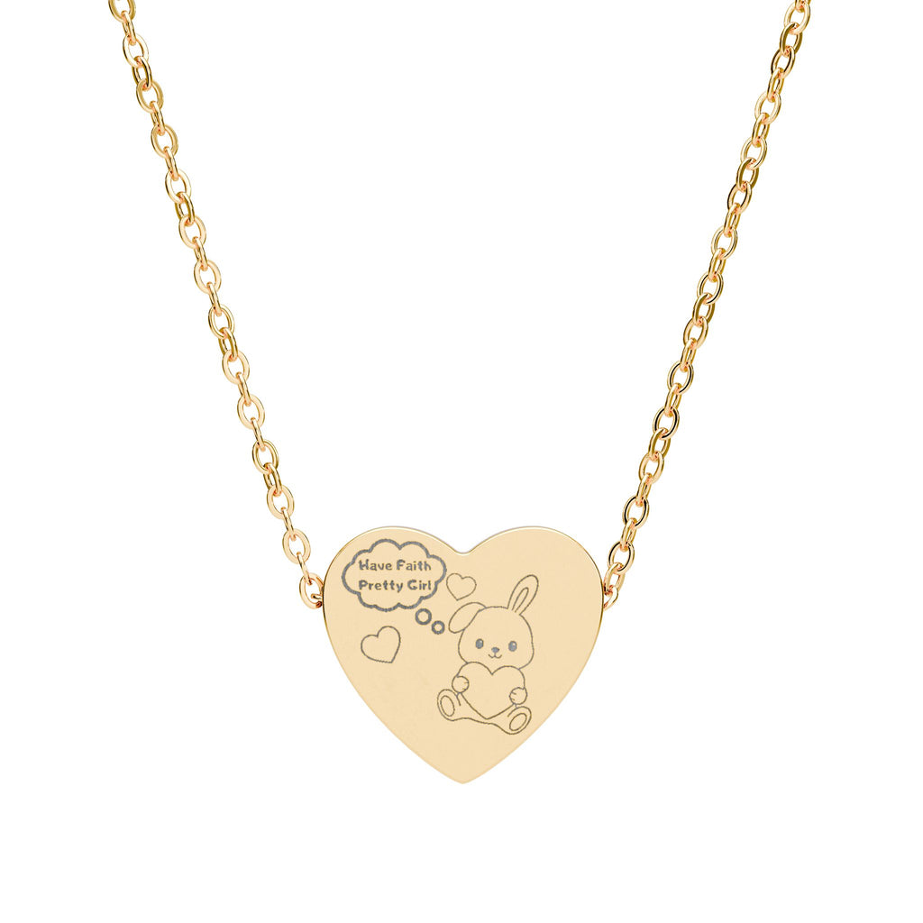 “Have Faith Pretty Girl™ Engraved Heart Necklace – Cute Bunny Hugging Heart Pendant, Laser-Etched 316L Stainless Steel Girly Faith Jewelry”