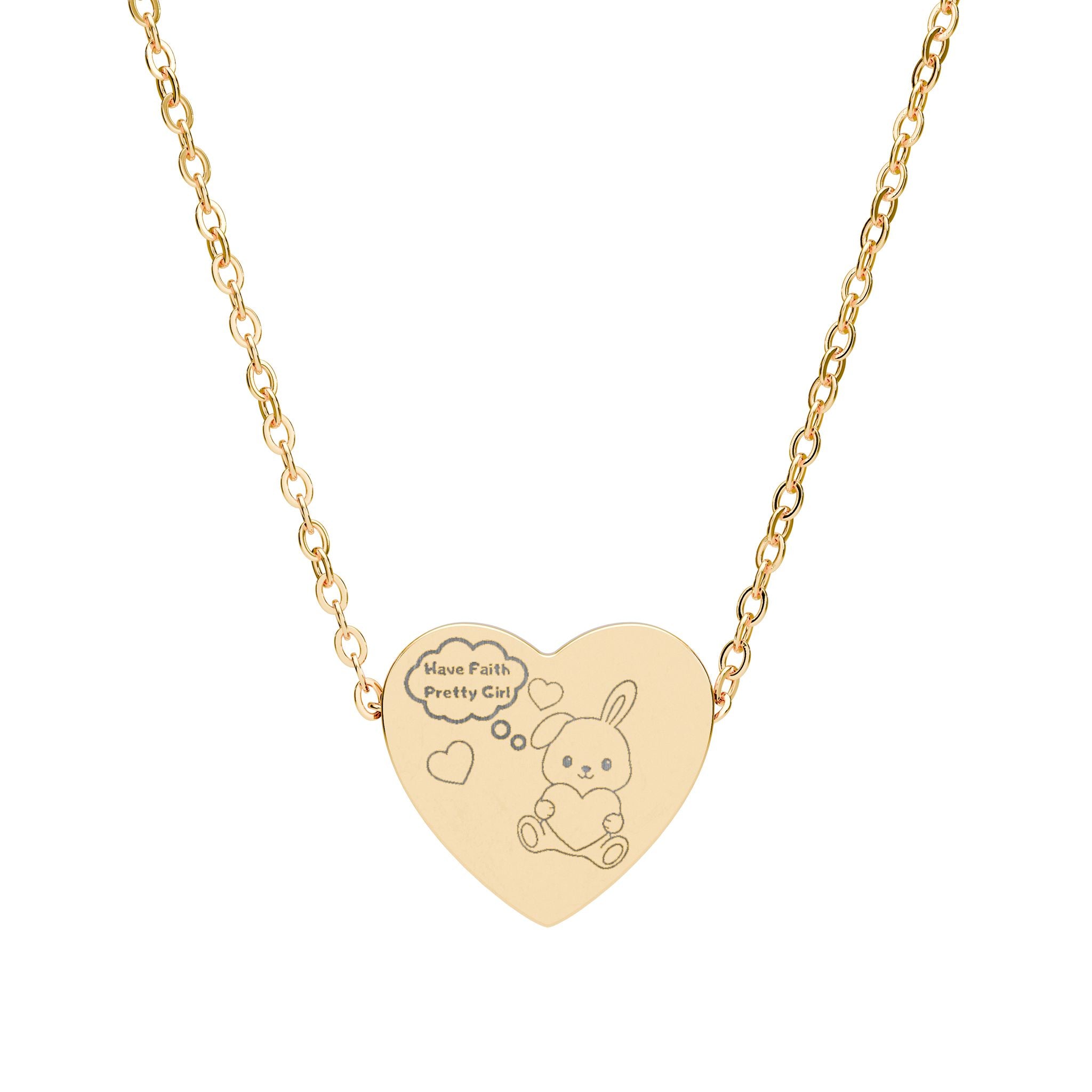 “Have Faith Pretty Girl™ Engraved Heart Necklace – Cute Bunny Hugging Heart Pendant, Laser-Etched 316L Stainless Steel Girly Faith Jewelry”