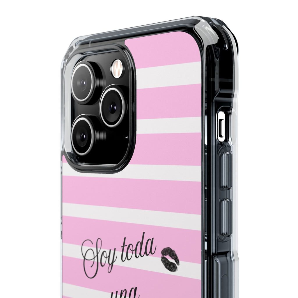 “Soy Toda Una Mamacita” MagSafe Clear Phone Case - Pink & White Striped | Latina Baddie Magnetic Impact Cover