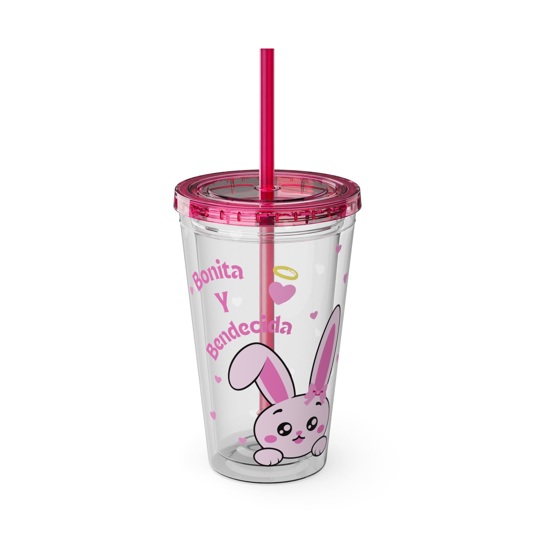 Bonita y Bendecida Tumbler - 16oz Clear Acrylic Cup with Pink Bunny Bow & Heart Patterns | Girly Faith Cup for Confident Latina Baddies