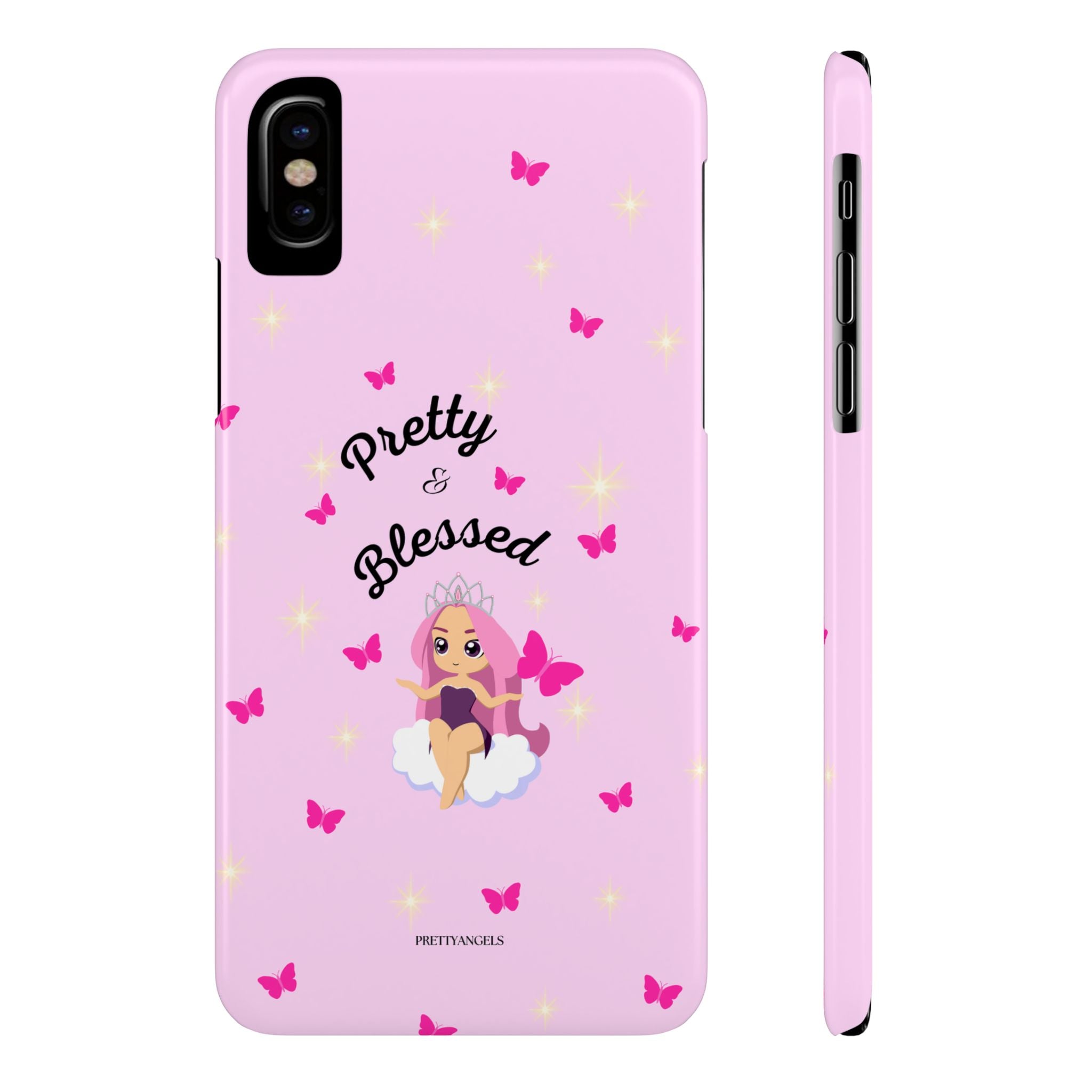 “Pretty & Blessed Light Pink Phone Case - Slim Cute Protective Cover with Lisa Frank-Inspired Kawaii Doll, Hot Pink Butterflies & Cloud Aesthetic”