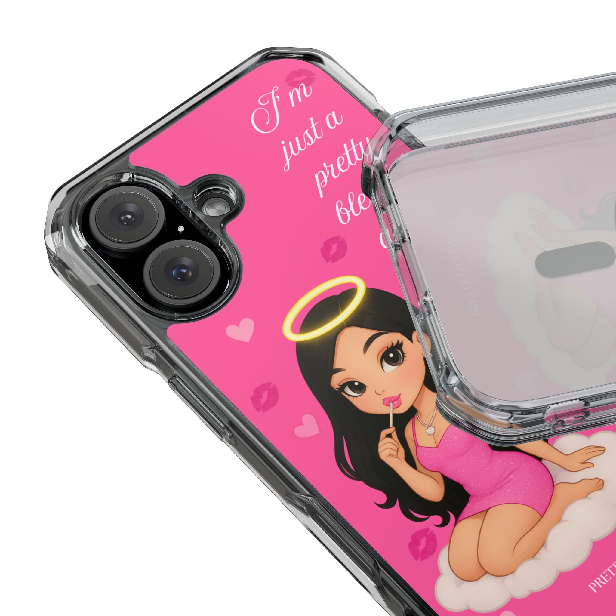 Pretty Blessed Angel MagSafe iPhone Case – Pink Baddie Doll on Cloud with Hearts & Lollipop | Shockproof Clear Cover