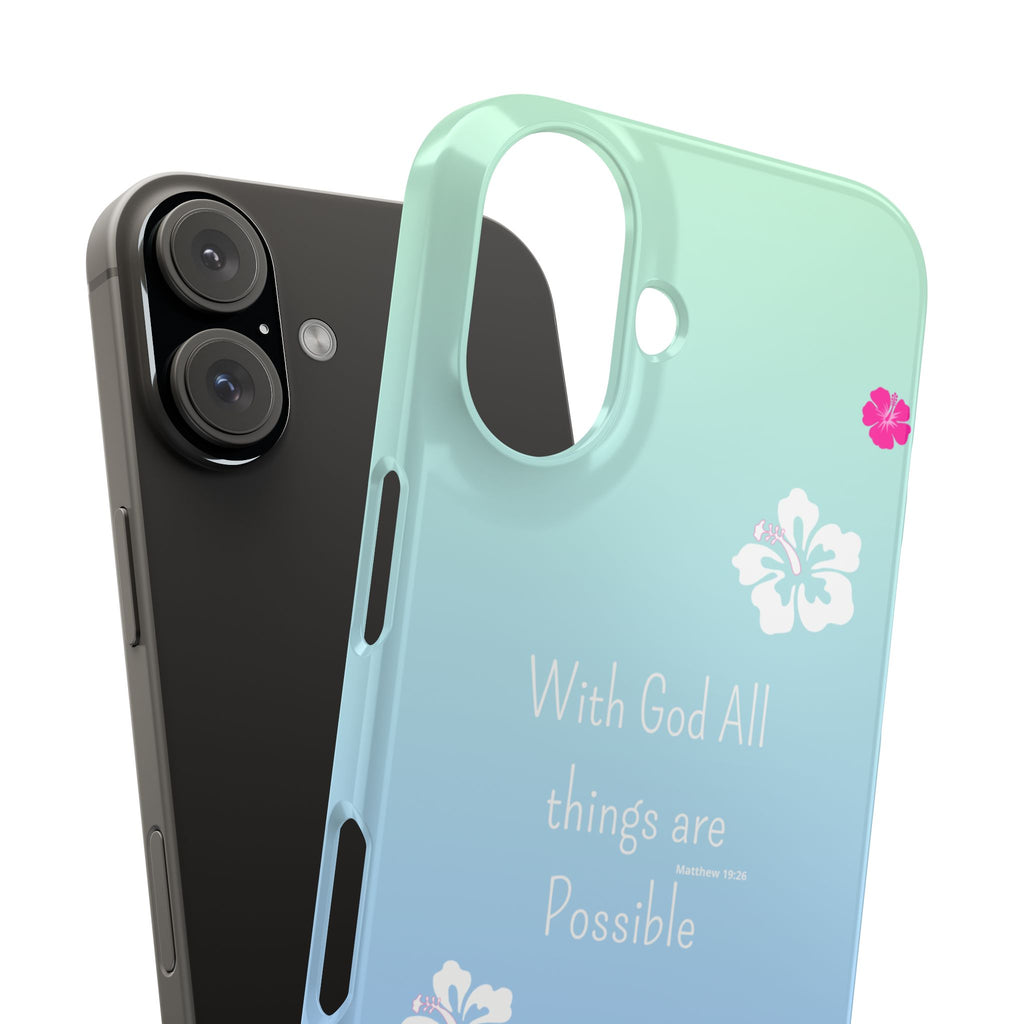 “With God All Things Are Possible” Phone Case - Ocean Barbie Aesthetic Slim Case Cover in Teal Blue Ombré with Hot Pink & White Hibiscus Flowers
