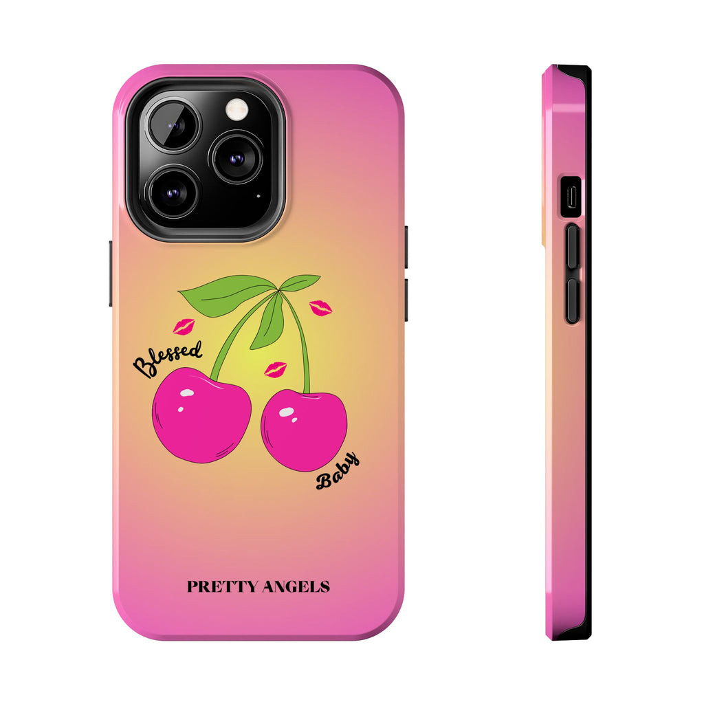 Blessed Baby Sunset Cherry Phone Case — Cute Hot Pink Cherry & Kisses
