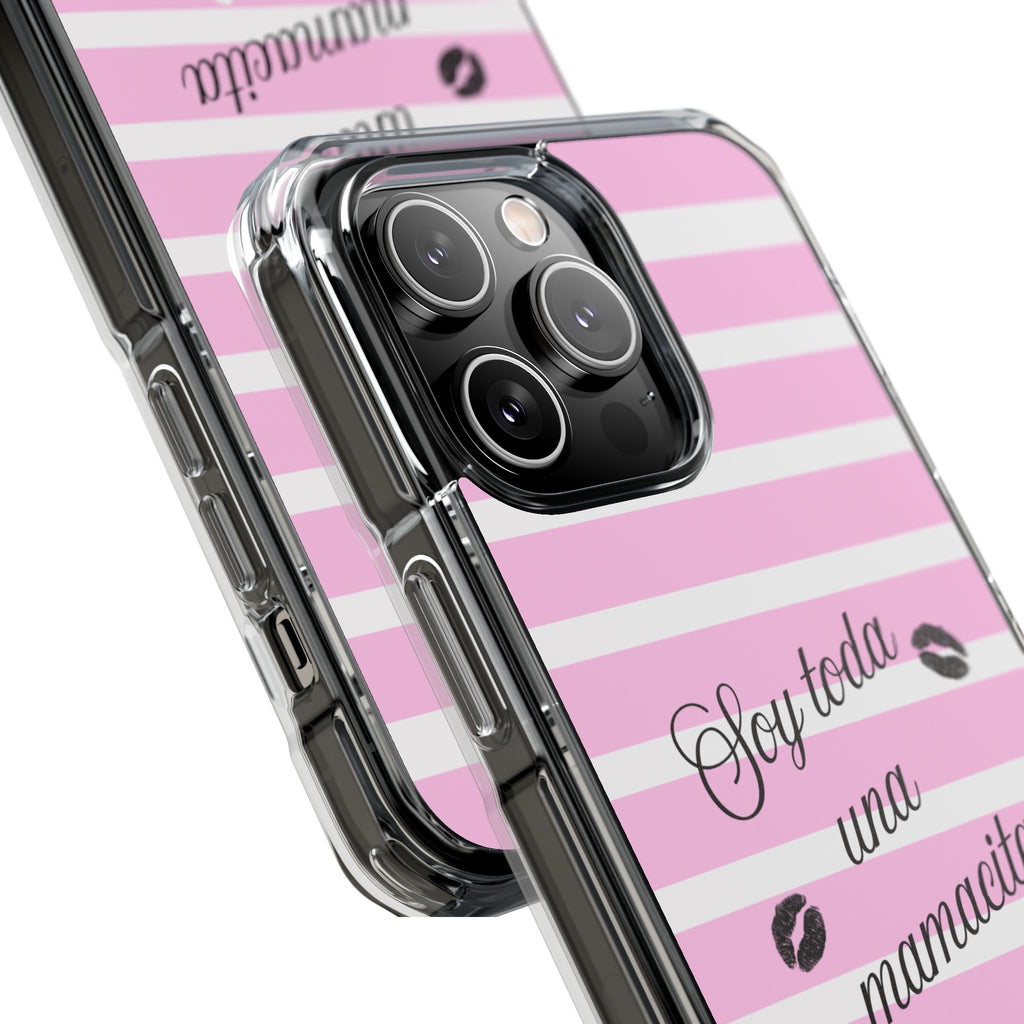 “Soy Toda Una Mamacita” MagSafe Clear Phone Case - Pink & White Striped | Latina Baddie Magnetic Impact Cover