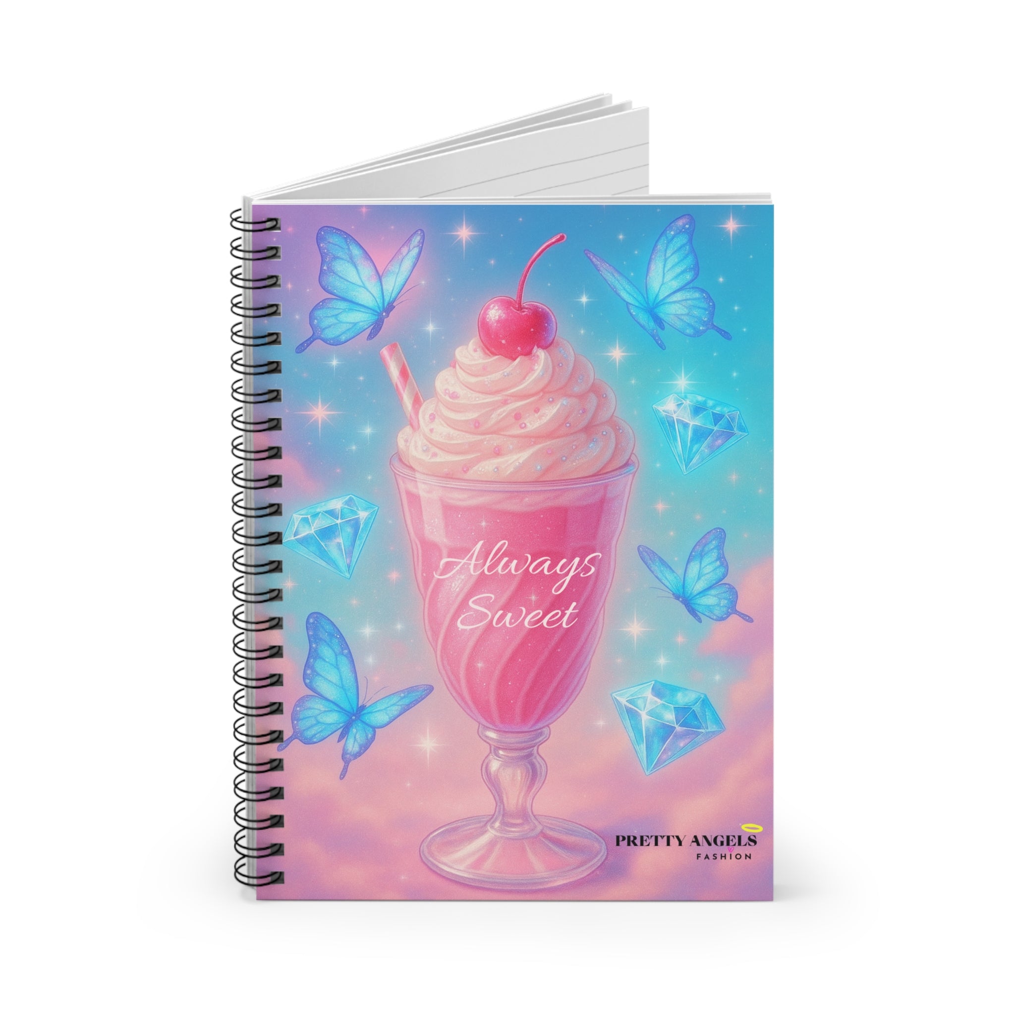 Always Sweet Pastel Milkshake Spiral Notebook | Cute Dreamy Journal with Butterflies & Diamonds