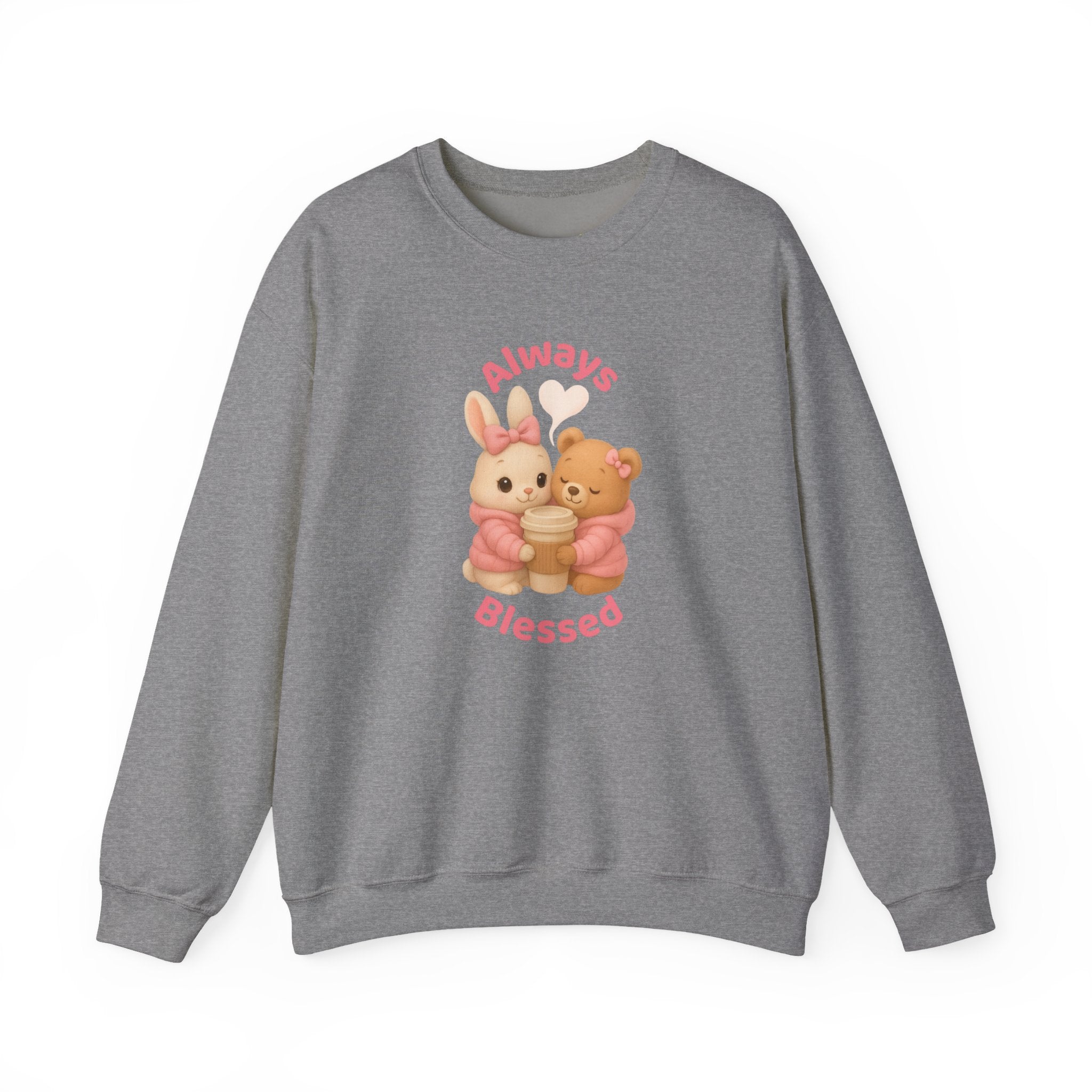 “Always Blessed” Cozy Sweatshirt – Cute Bunny & Teddy Bear in Pink Puffer Jackets Hugging a Coffee Cup | Aesthetic Girly Hoodie | Pretty Girl Cozy Gift | Winter Sweatshirt | Blessed Sweater