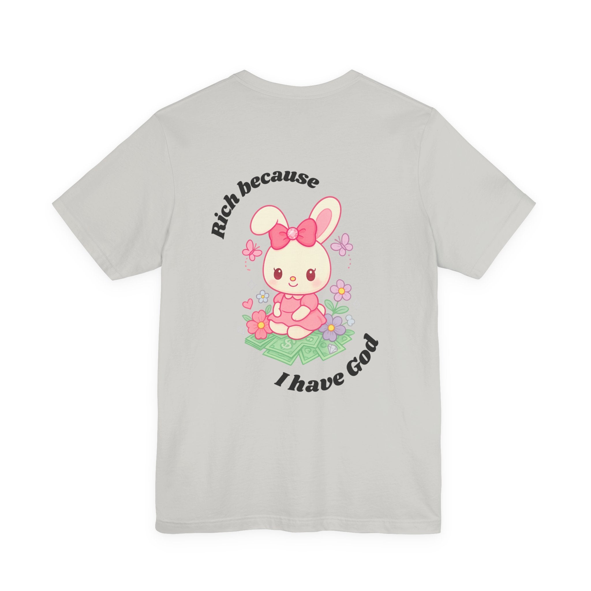 “Rich Because I Have God” Baggy (Back) Aesthetic Tee – Cute Bunny Graphic T-Shirt (White, Ash, Silver, Baby Blue)