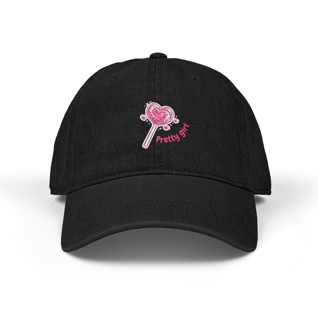 Denim Hat — "Pretty Girl, Very Sweet" Embroidered Heart Lollipop