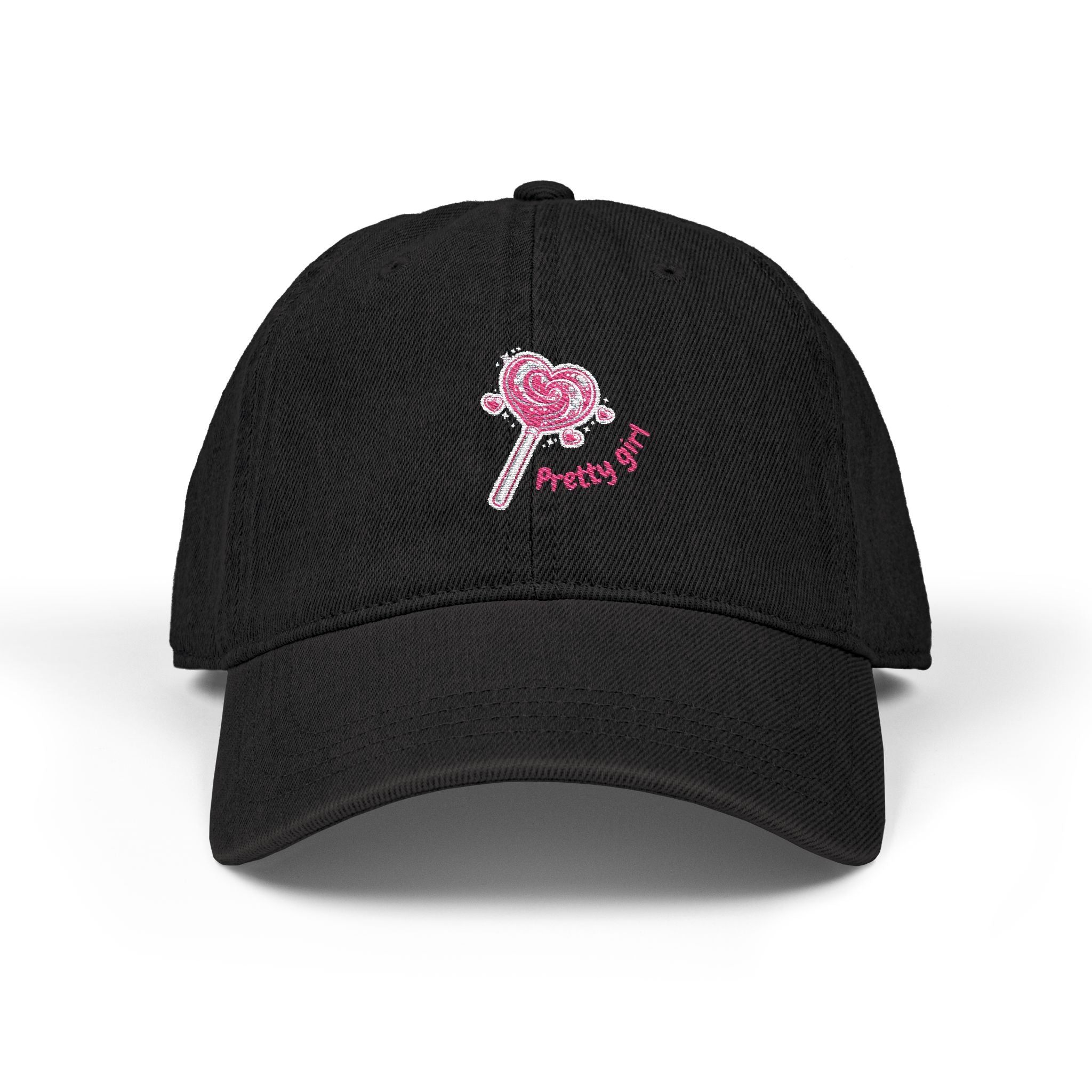 Denim Hat — "Pretty Girl, Very Sweet" Embroidered Heart Lollipop