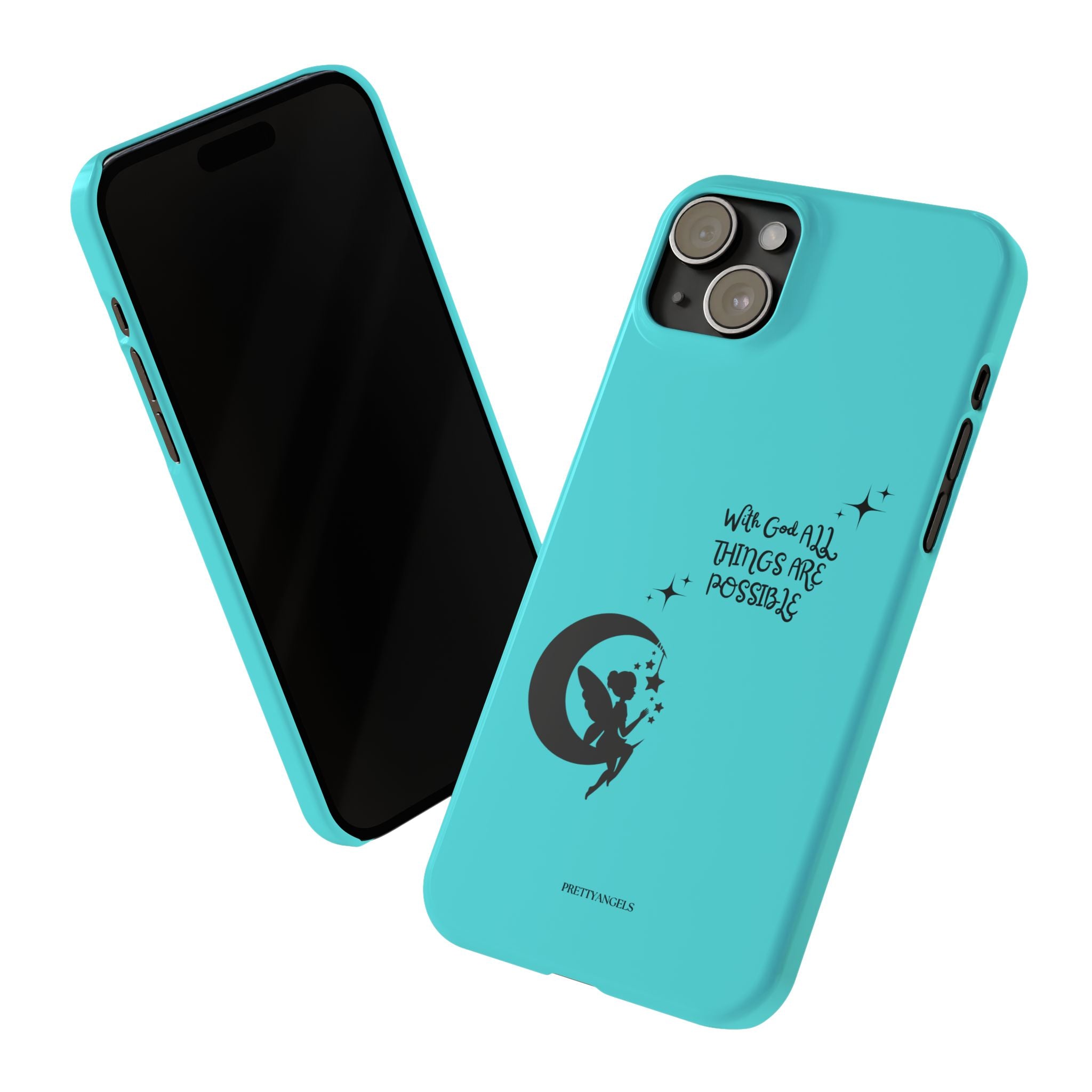 “With God All Things Are Possible” Phone Case - Teal Slim Fairy Moon Cover with Bible Verse for Faith-Filled Girly Girls, Slim Phone Cases with Inspirational Quote, Dreamy Phone Cover, Fairy Phone Case, Magical Gift Idea, Girly Protection for Your Device