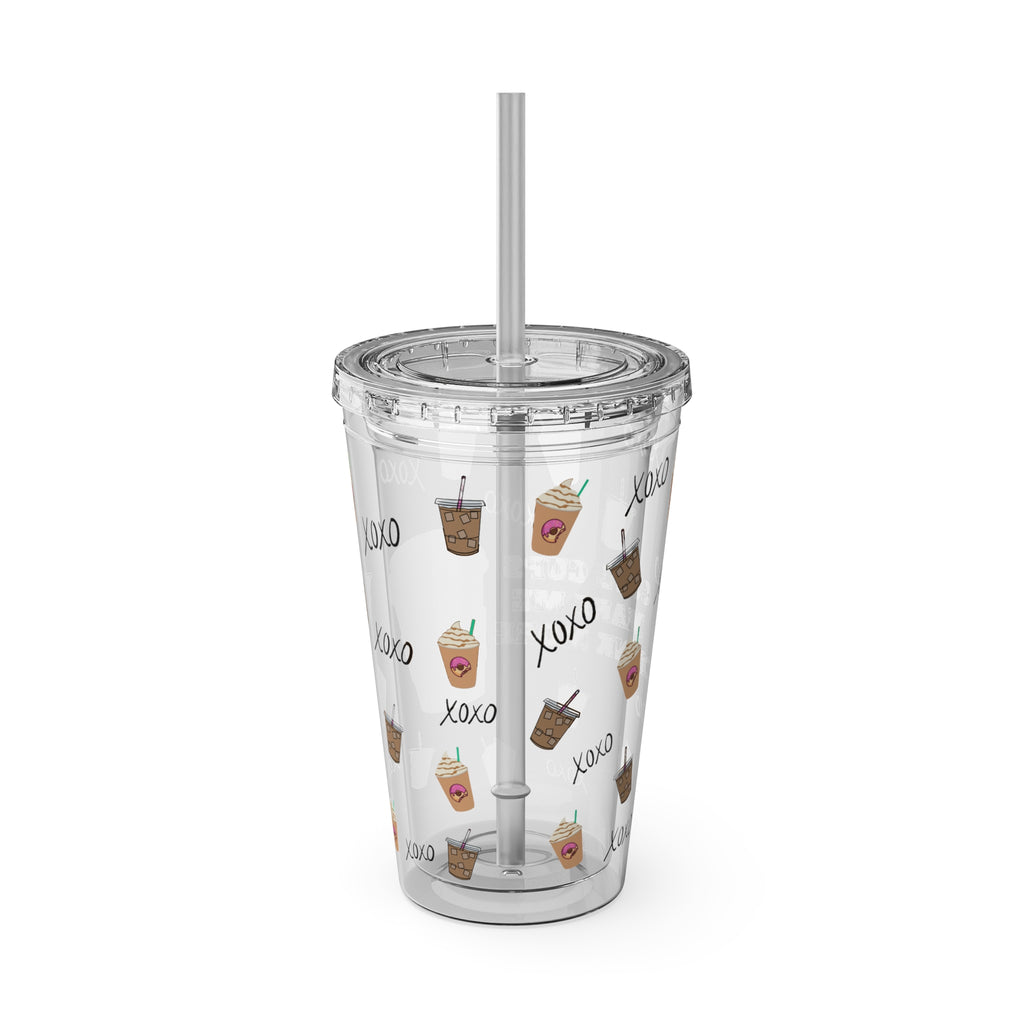 “Cute Cups Make Me Drink More” Clear Acrylic Coffee Tumbler - 16oz with Pink Donut, Caramel Frappe & XOXO Patterns | Aesthetic Iced Coffee Cup for Girly Baddies | Starbucks aesthetic coffee cup