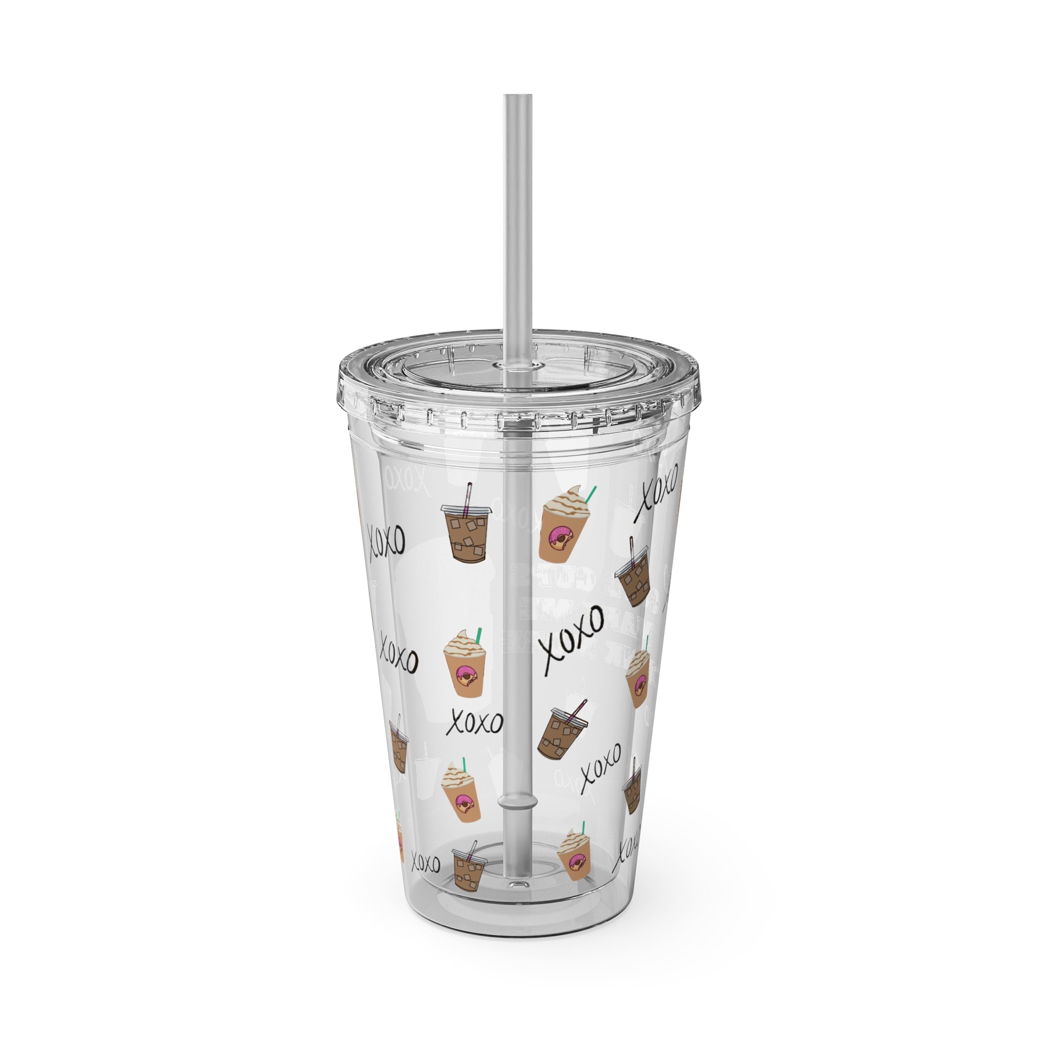 “Cute Cups Make Me Drink More” Clear Acrylic Coffee Tumbler - 16oz with Pink Donut, Caramel Frappe & XOXO Patterns | Aesthetic Iced Coffee Cup for Girly Baddies | Starbucks aesthetic coffee cup