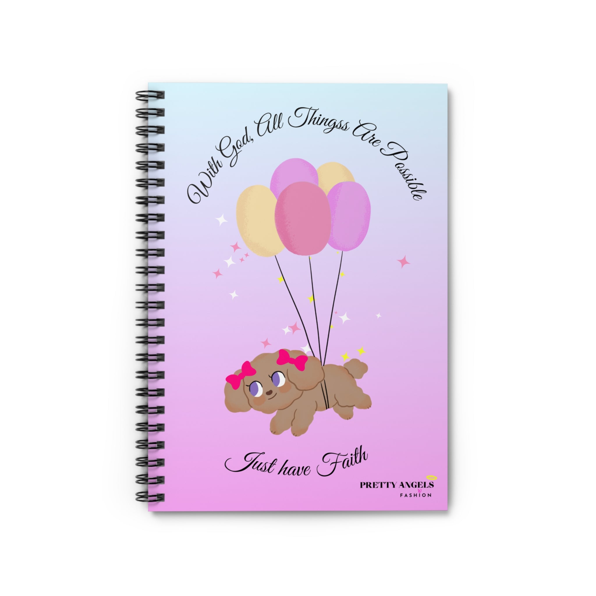 “Cute Puppy Faith Notebook – Ombré Blue & Purple Spiral Journal with Balloons & Bible Verse, 118 Pages, Pocket Inside”