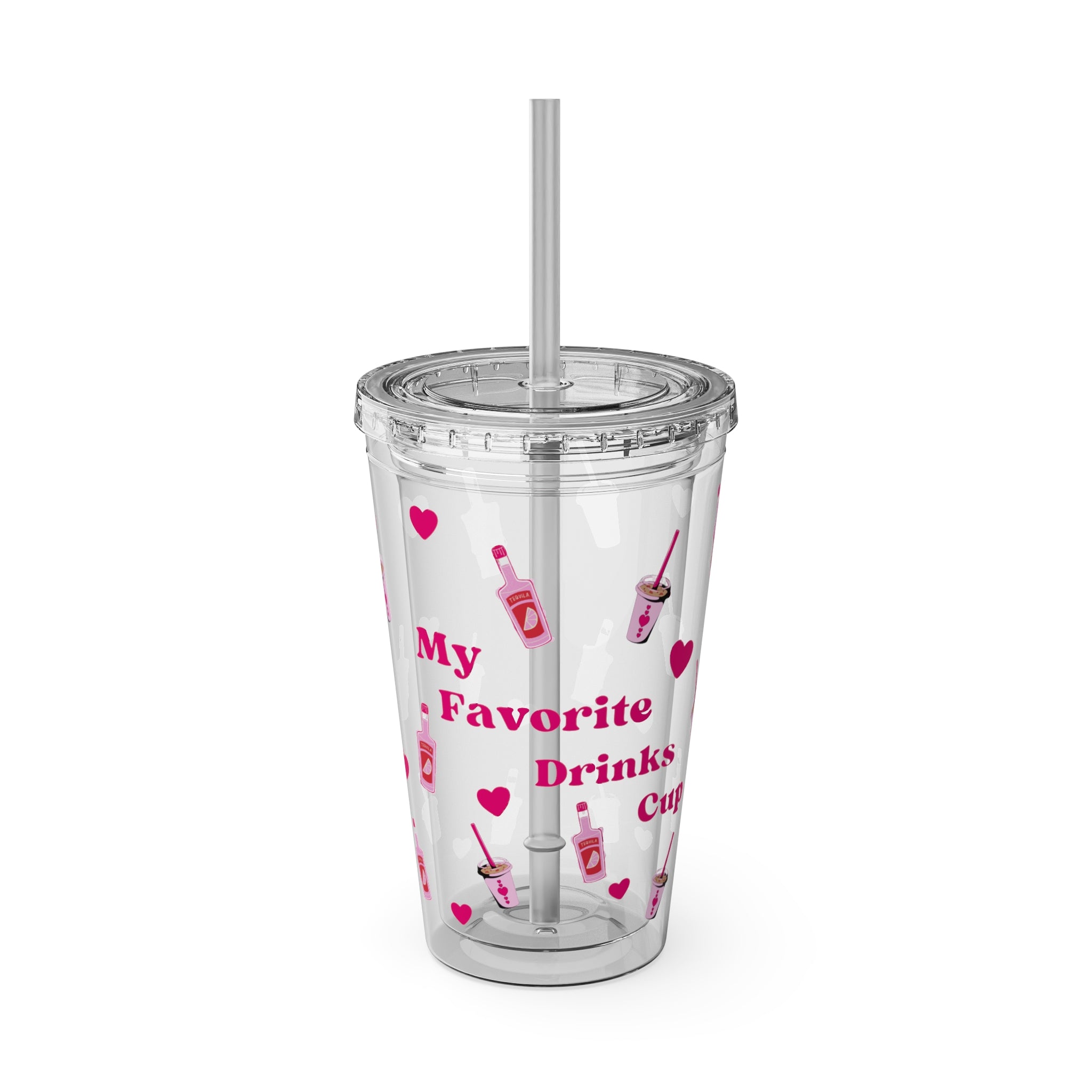 “My Favorite Drinks Cup” - 16oz Clear Acrylic Tumbler with Hot Pink Hearts & Girly Drink Patterns | Fun Party Girl Cup for Baddies