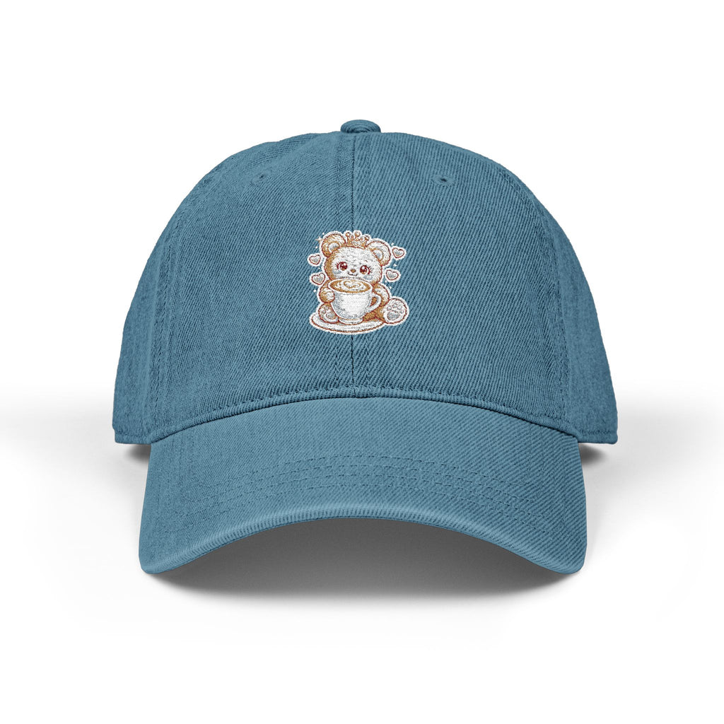 Brown Teddy Bear Crown Denim Hat — Embroidered Coffee Cup Design
