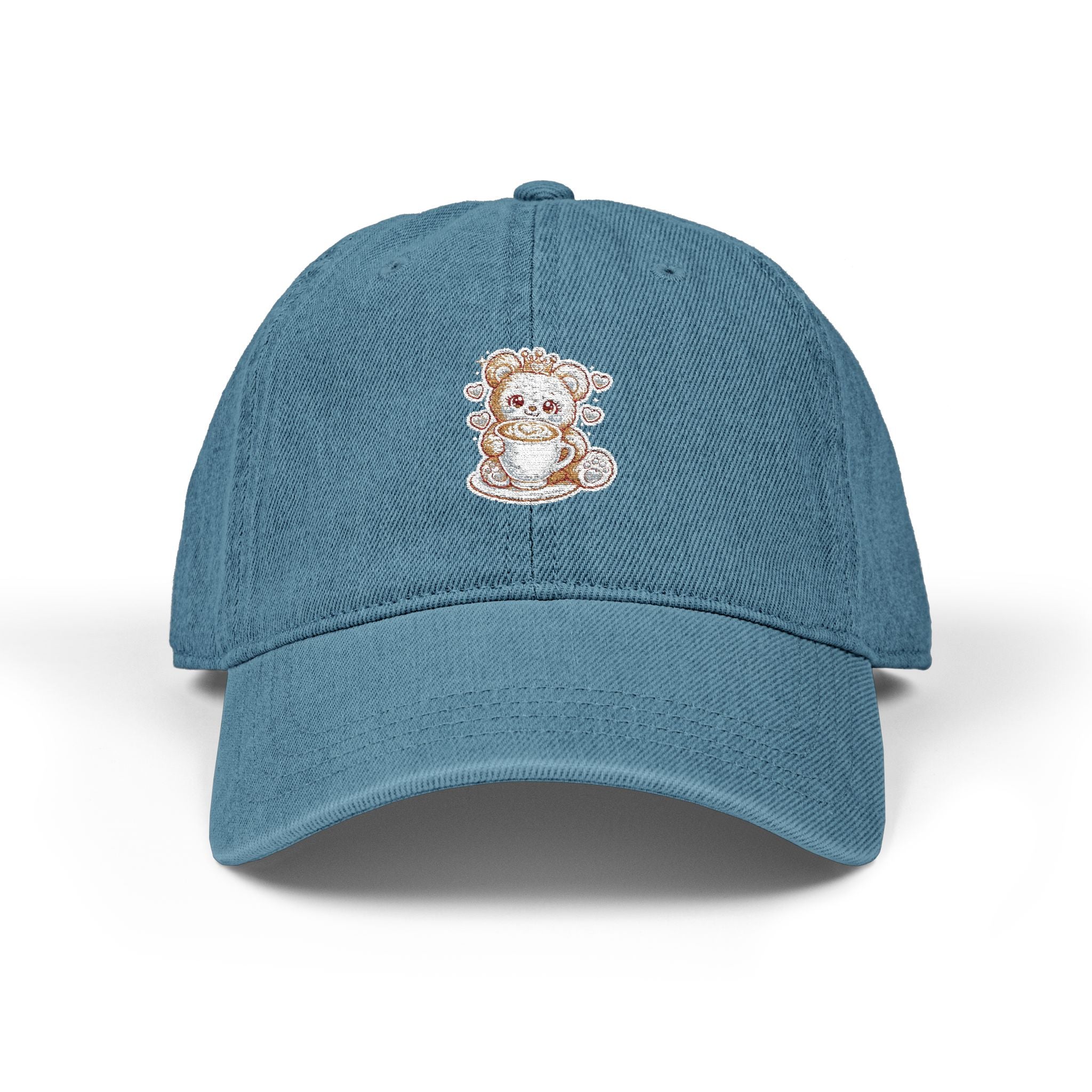 Brown Teddy Bear Crown Denim Hat — Embroidered Coffee Cup Design