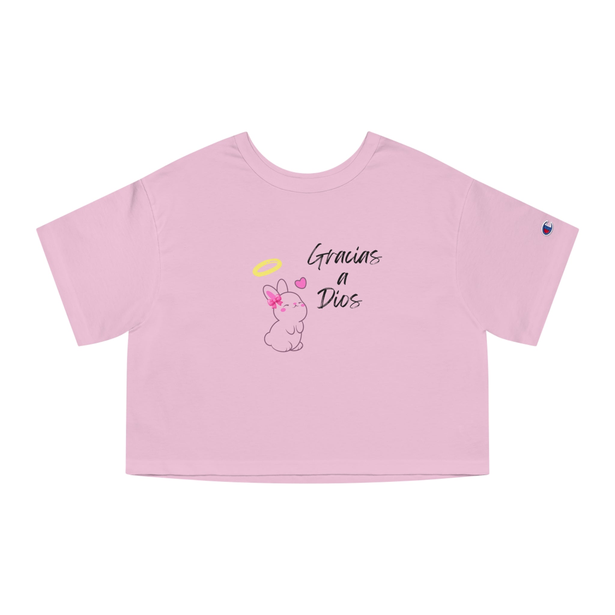 “Gracias a Dios” Champion® Loose Cropped Tee – Faithful Bunny Girl Aesthetic with Ring Light & Pink Bow