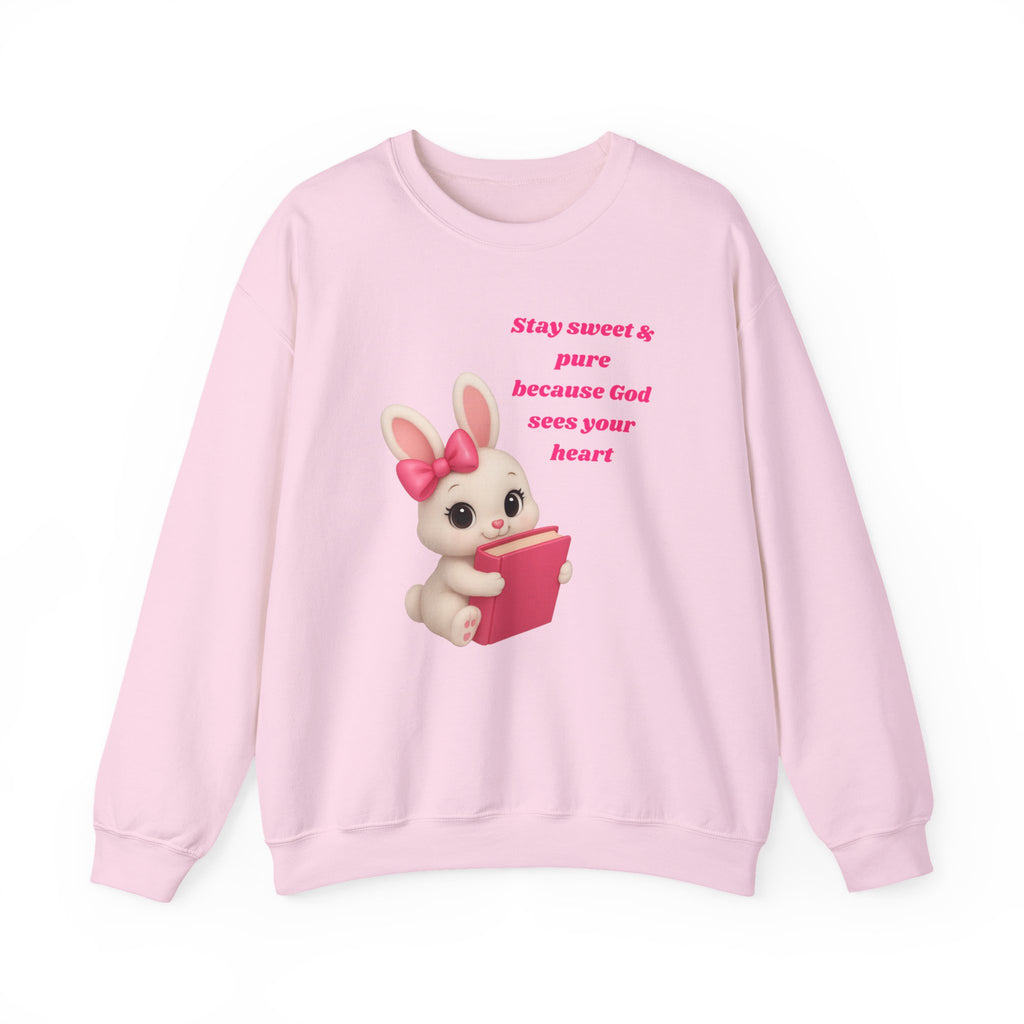 Stay Sweet & Pure Bunny Sweatshirt – Cute Aesthetic Pullover for Girls | Pink Baby Bunny Bible Sweater | Cozy Faith Sweatshirt | 50/50 Heavy Blend DTG Print