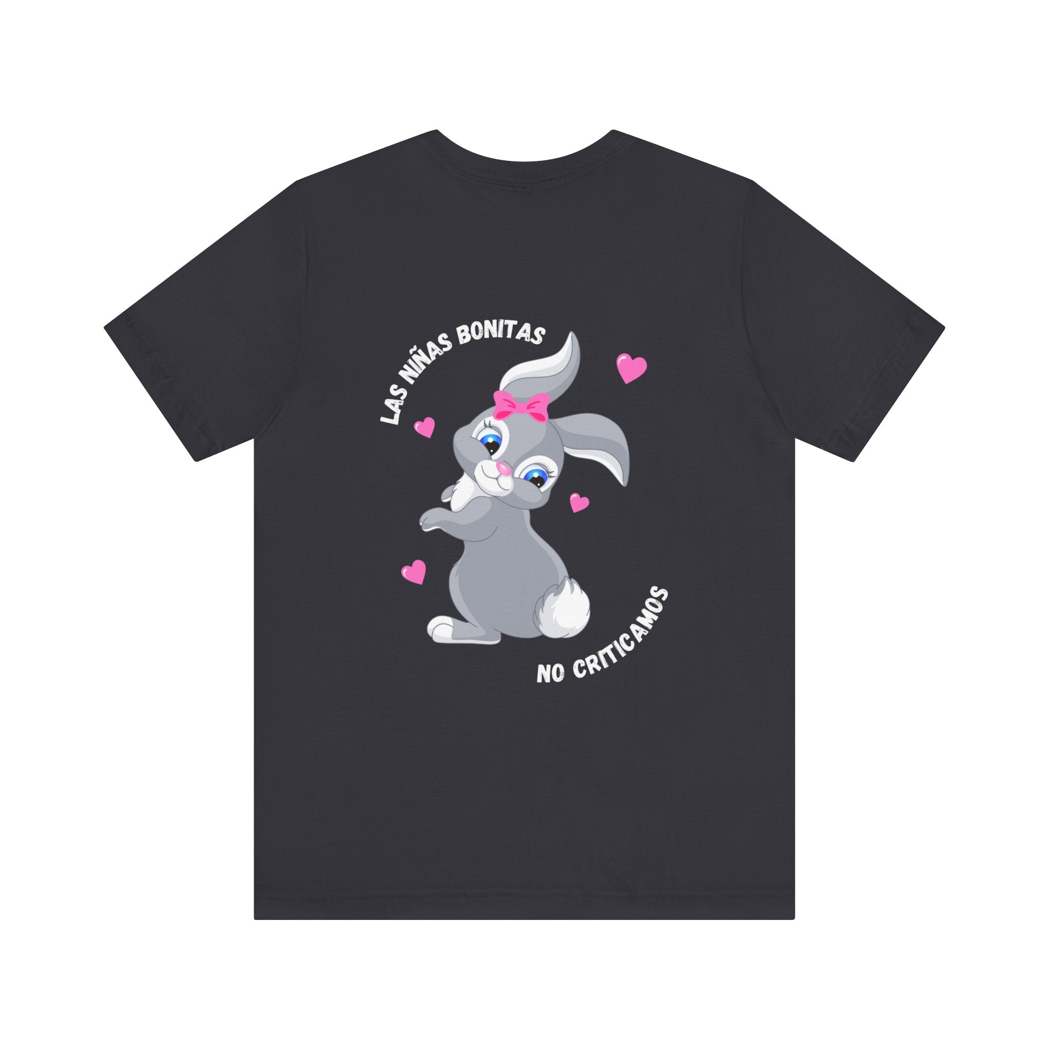 Las Niñas Bonitas No Criticamos (Back) Tee – Black Baddie Shirt with Grey Bunny & Pink Hearts | Cute Latina Soft Girl Graphic T-Shirt | Off-Duty Doll Tee