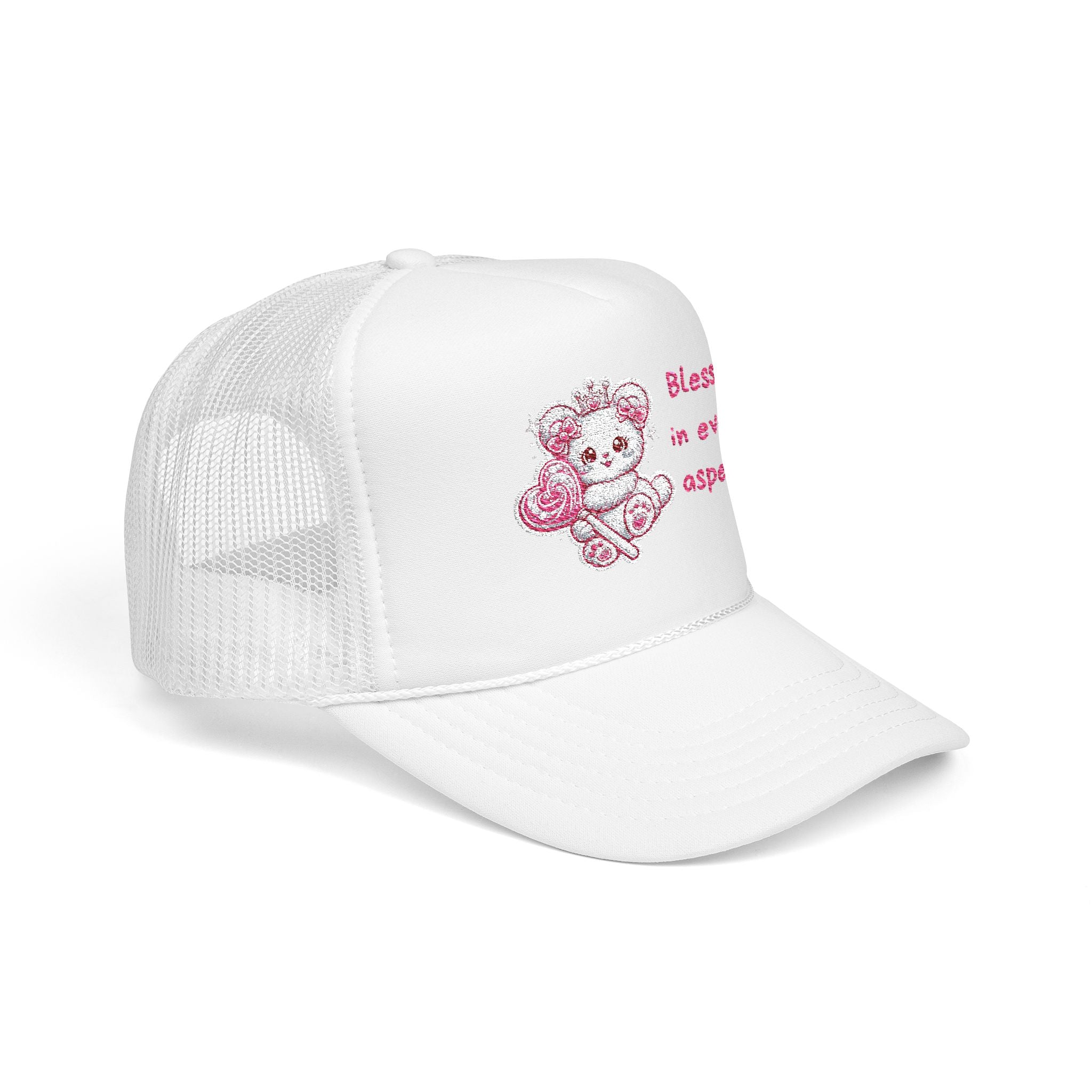 Pink Crowned Teddy Bear Trucker Hat — "Blessed in Every Aspect" Embroidered