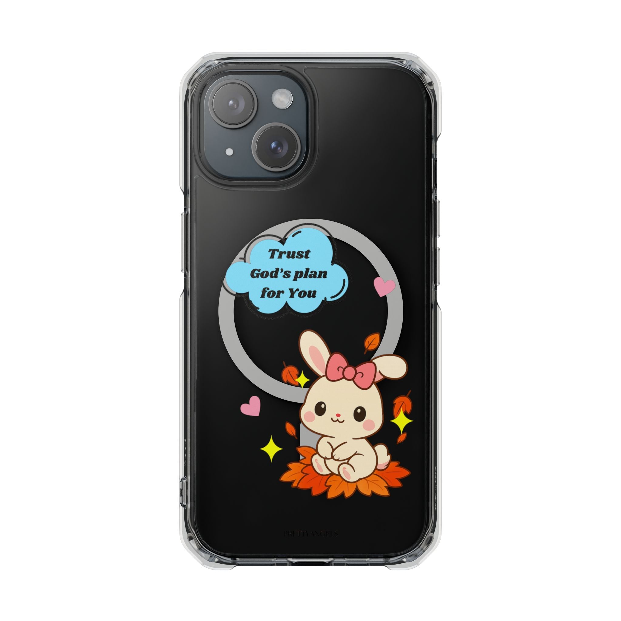 Cute Bunny MagSafe iPhone Case – Clear Sparkly Aesthetic Phone Cover with Hearts, Kisses & “Trust God’s Plan for You” Cloud