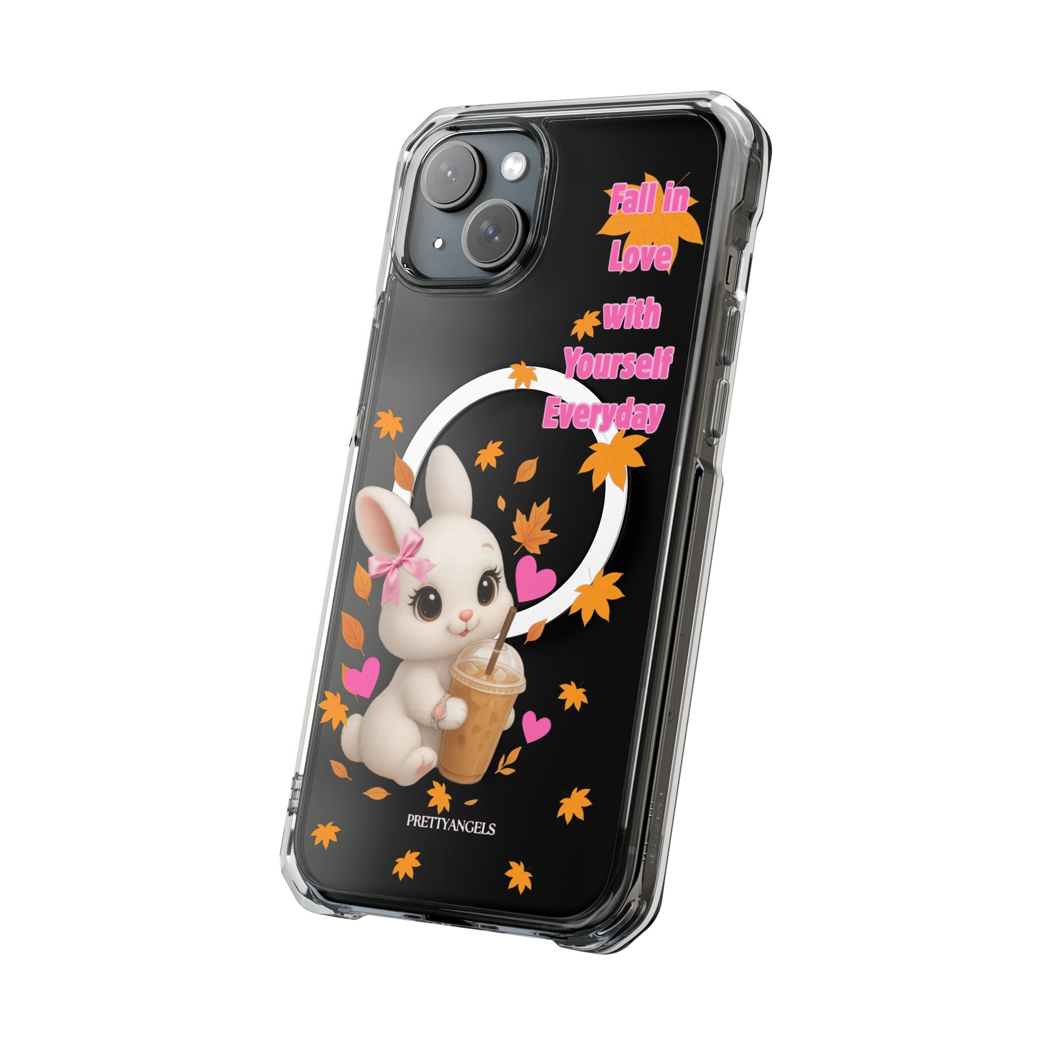 Fall in Love with Yourself Everyday – Cute White Bunny MagSafe iPhone Case with Hearts & Autumn Leaves, Luxury Aesthetic Clear Phone Cover