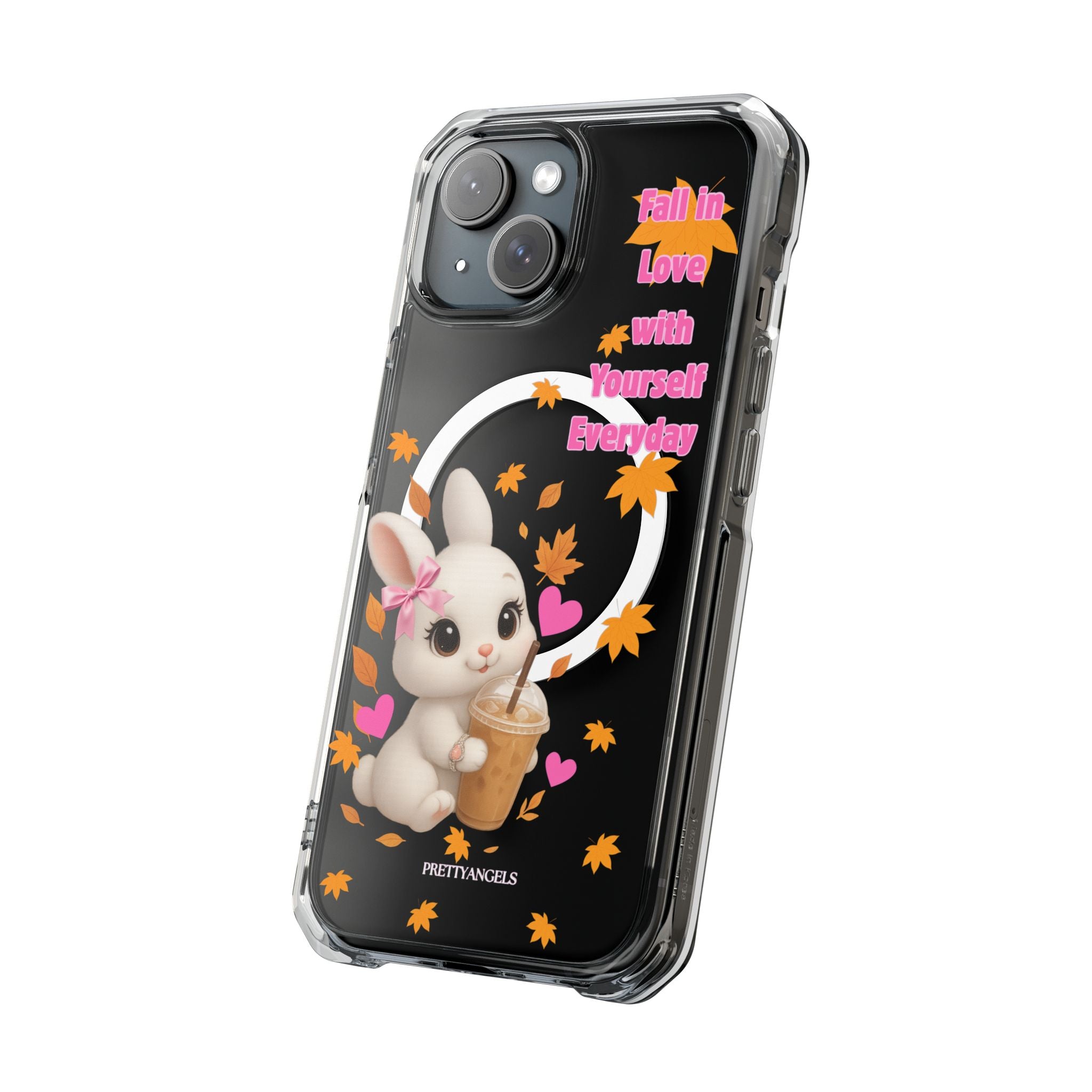 Fall in Love with Yourself Everyday – Cute White Bunny MagSafe iPhone Case with Hearts & Autumn Leaves, Luxury Aesthetic Clear Phone Cover