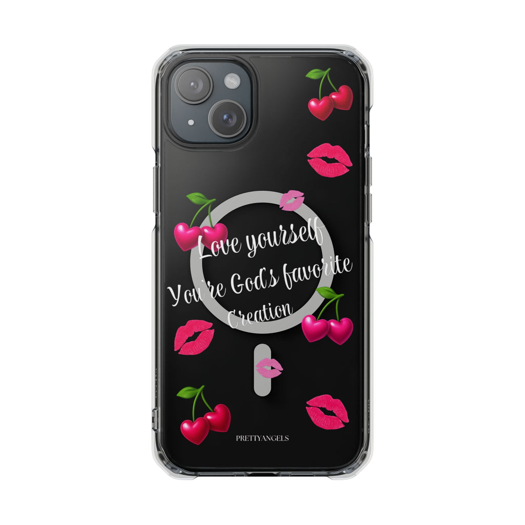 Luxury Clear MagSafe iPhone Case – “Love Yourself” Pink Cherry & Kiss Print | Cute Girly Baddie Aesthetic Protective Cover