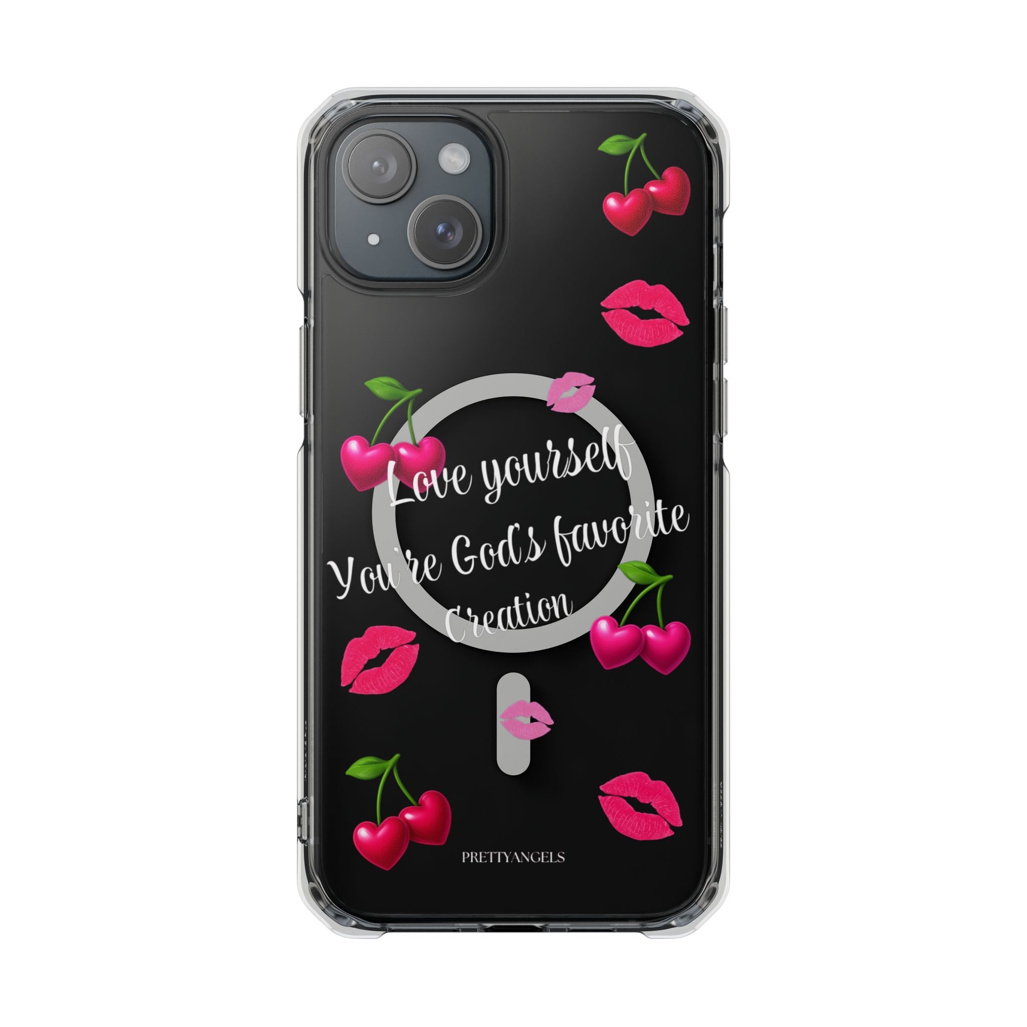 Luxury Clear MagSafe iPhone Case – “Love Yourself” Pink Cherry & Kiss Print | Cute Girly Baddie Aesthetic Protective Cover