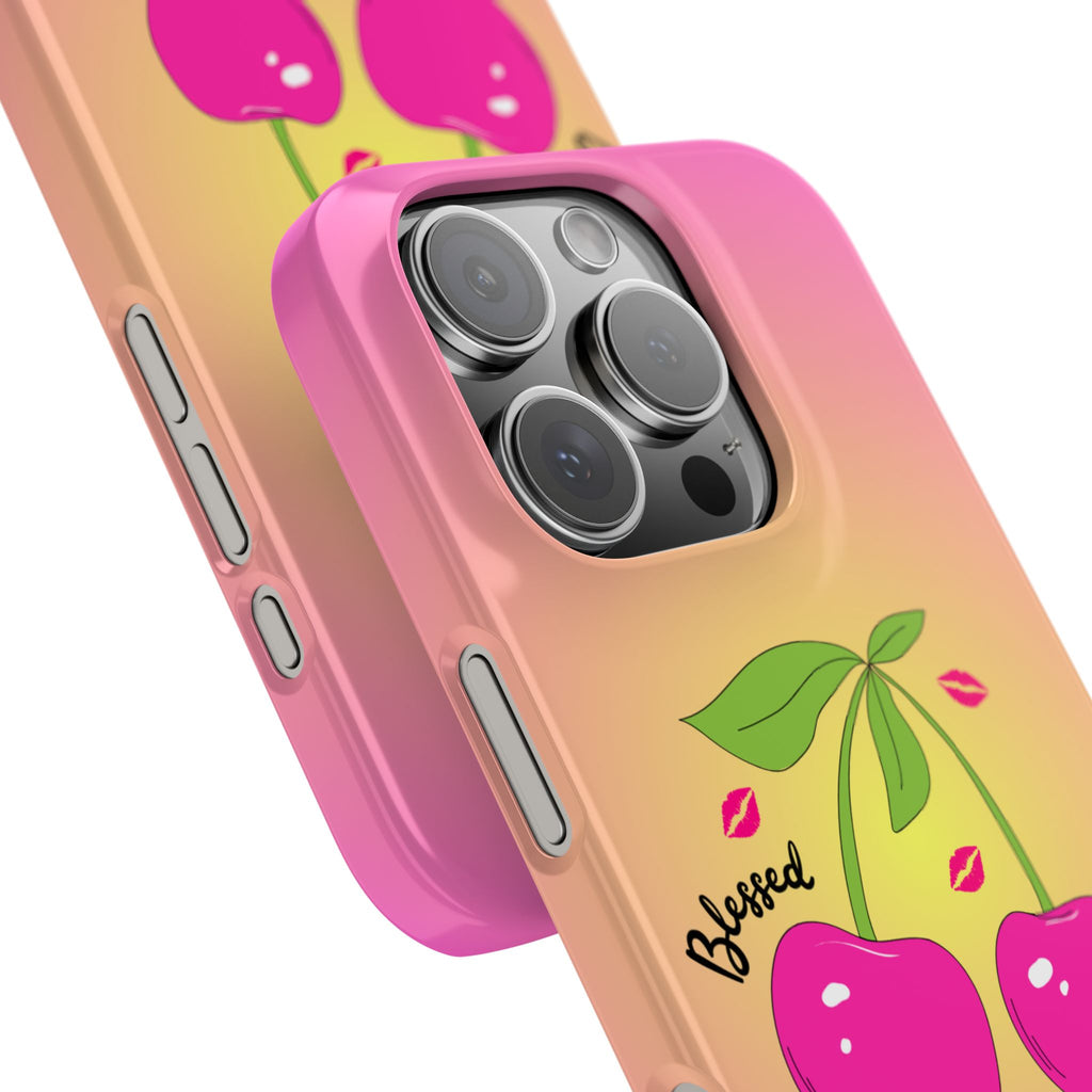 “Blessed Baby Pink & Yellow Ombré Phone Case - Slim Barbie Aesthetic Cover with Hot Pink Cherries and Kisses”