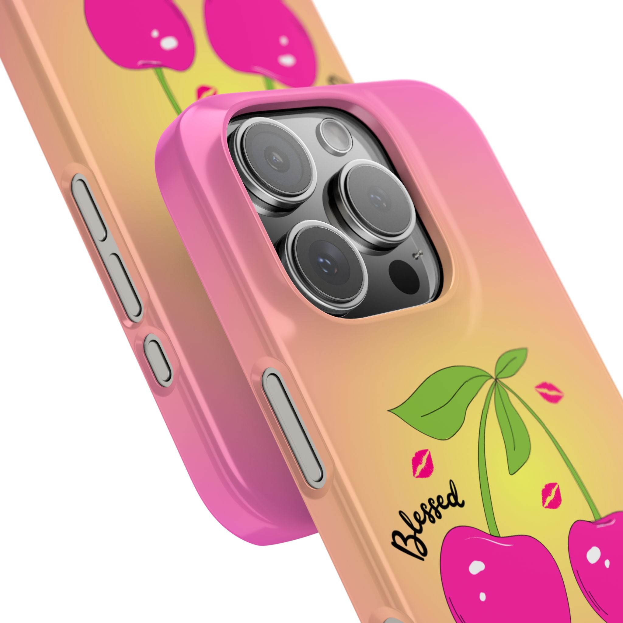 “Blessed Baby Pink & Yellow Ombré Phone Case - Slim Barbie Aesthetic Cover with Hot Pink Cherries and Kisses”