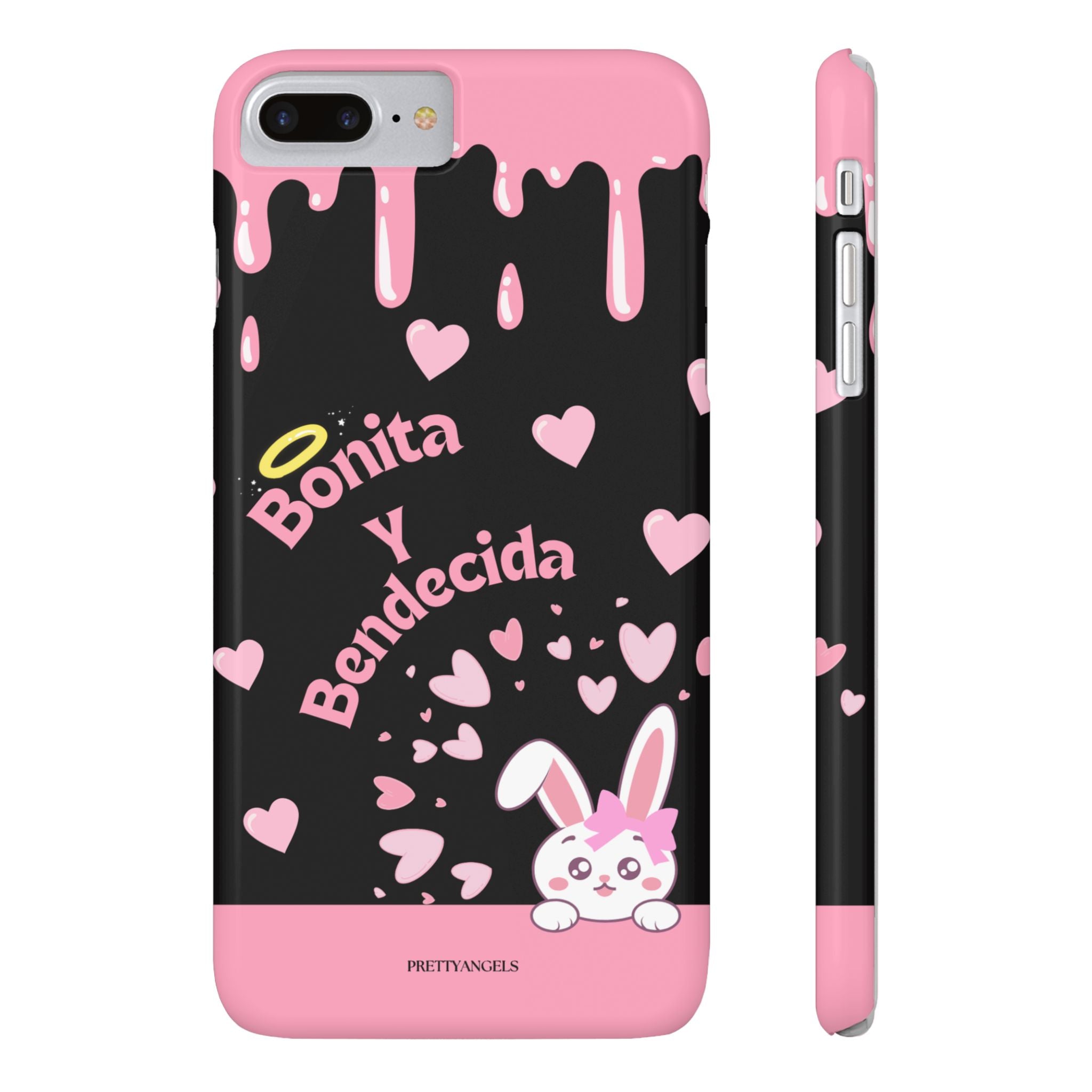Bonita y Bendecida Phone Case - Black Slim Lightweight Cover with Pink Bunny Bow, Hearts & Drip Aesthetic for Stylish Latina Baddies