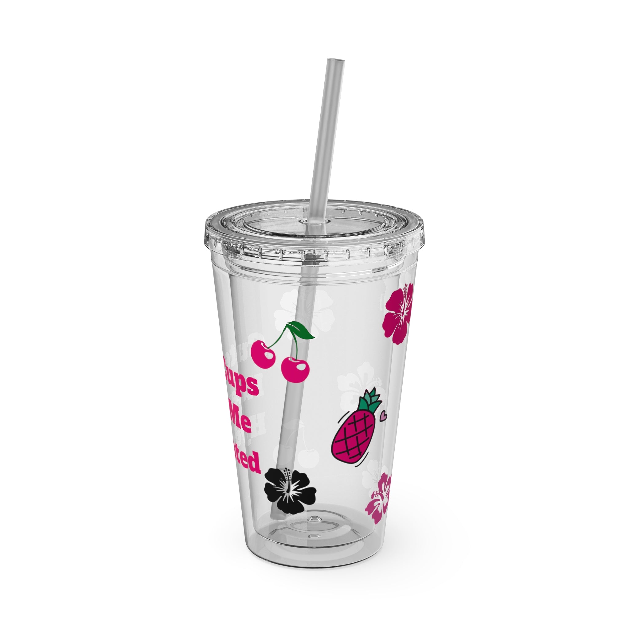 Clear Barbie Baddie Tumbler - 16oz Acrylic Cup with Lid & Flexible Straw | “Cute Cups Keep Me Hydrated” with Hot Pink Cherries, Hibiscus & Pineapples