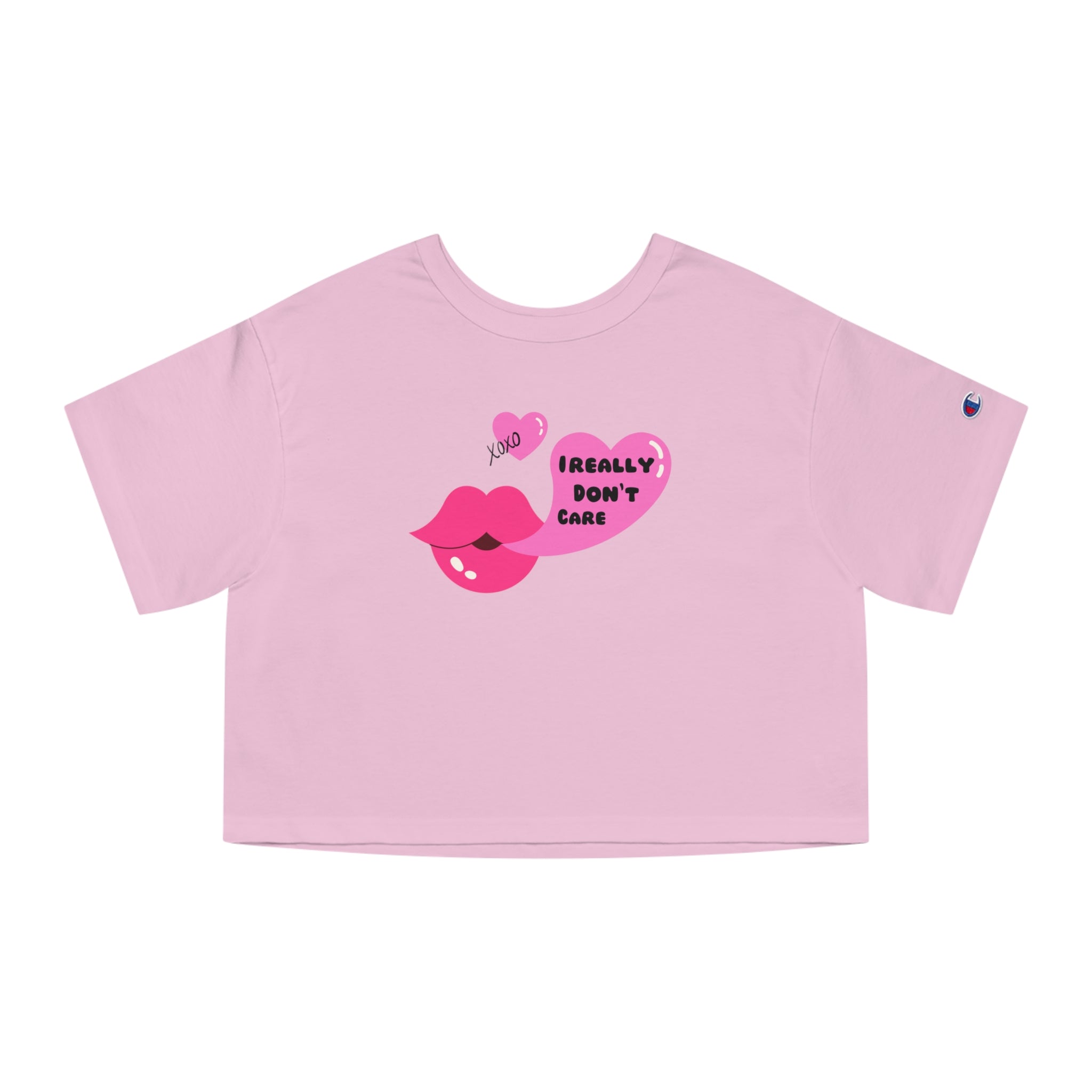 “I Really Don’t Care” Champion® Loose Cropped Tee – Hot Pink Kiss & XOXO Hearts Aesthetic for Baddie Girls