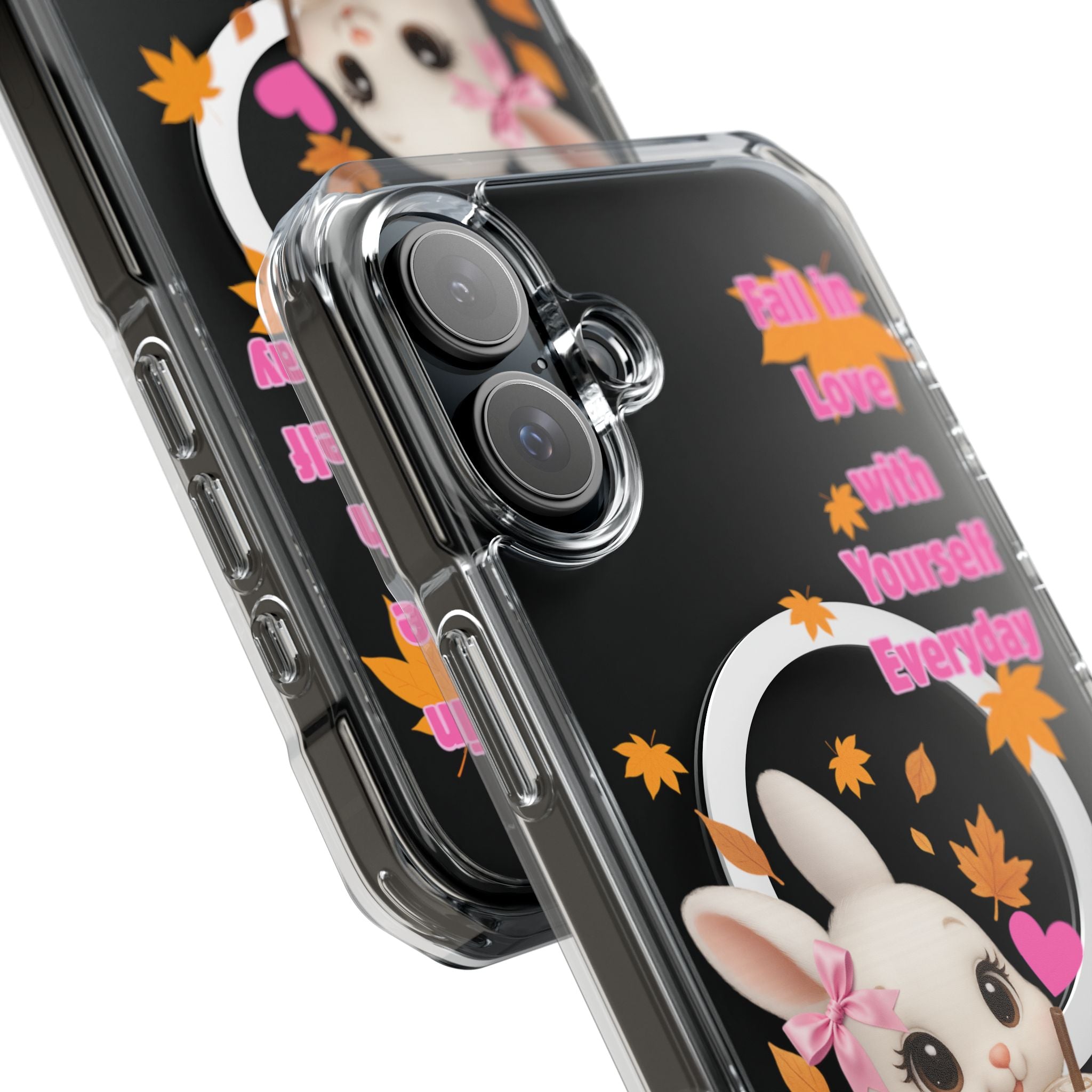 Fall in Love with Yourself Everyday – Cute White Bunny MagSafe iPhone Case with Hearts & Autumn Leaves, Luxury Aesthetic Clear Phone Cover