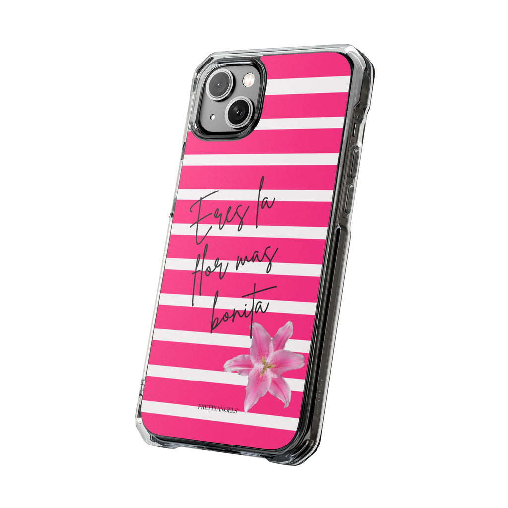 Hot Pink Stripped “Eres La Flor Mas Bonita” MagSafe Clear Phone Case - Barbie Baddie Aesthetic Impact Protection Cover